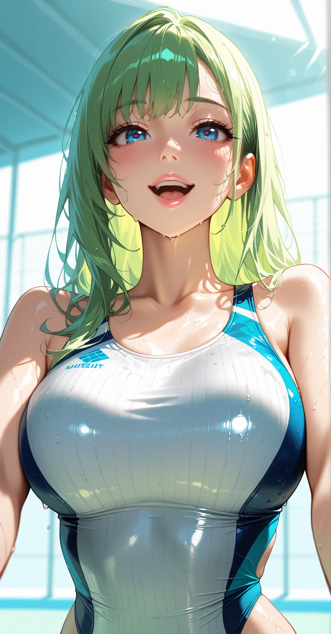 Absurd, Super detailedな,(In 8K:1.3),Masseter muscle area,(masterpiece:1.2)、(Highest quality)、4K、Super detailed、(Movement Structure:1.4)、(Shining Lights、Atmosphere lighting), High resolution, Best Quality、(One girl:1.4),Super detailedな,Bright colors、Treebreak Production Art、(Warm color light source:1.2),High-level image quality、Fine image quality、Intricate details,Volumetric Lighting,Realism BREAK、Profile、 Idol face、15 years old、Very beautiful face and eyes, Beautiful images、 natural make up、puffy eyes、catchlight eyes、deep detailed eyes、 (Big Tits:1.2)、(glossy skin :1.5),(curvy body:1.2)、 (Be embarrassed:1.4), (Yellow-green hair,short hair、blunt bangs、wet hair), (orgasm face:1.4), Dark navy eye color. (A school swimsuit with a vivid texture:1.3), (super wet skin:1.2) 、(Breast bag)、 (white background),(Baby Face:1.5)、(kneeling:1.4),(From the side:1.4)