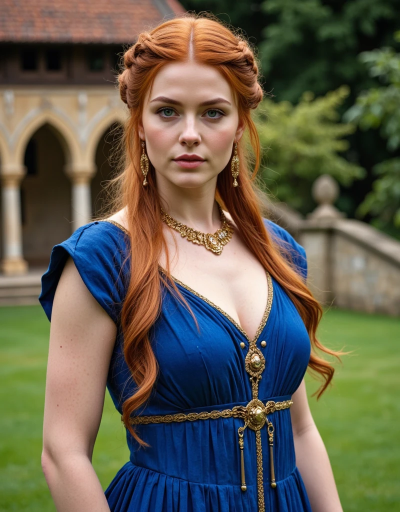 A young, red haired Roman queen with blue eyes, dressed in a Roman toga, her eyes focused at you.