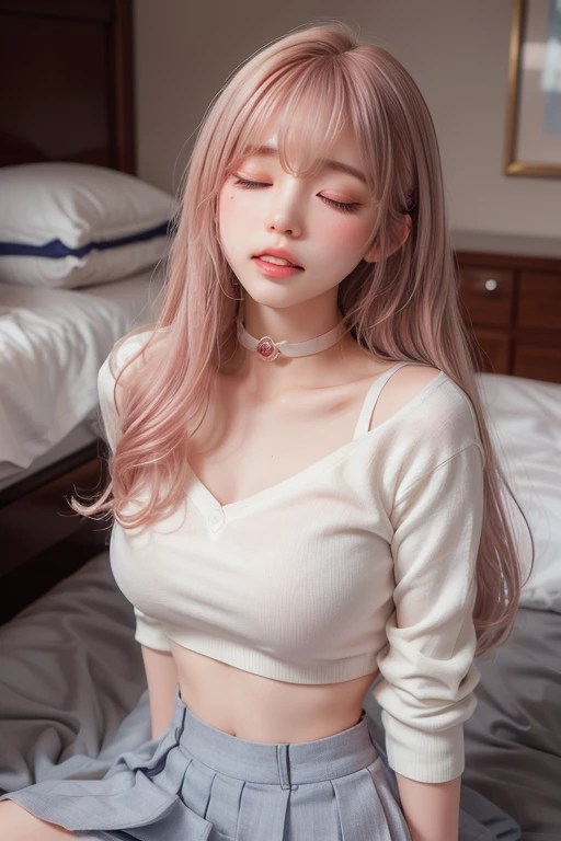 1 female, 18-year-old female、Pink Hair, Blunt bangs, Hair behind the ear, Hair that falls over the shoulders, Long Hair, Ultra Fine Face, Thin face, Delicate lips, (Beautiful Eyes:1.5), Lightly reddish, eyes are light brown,See this,Sexy pose、Huge breasts、 Ultra-fine needle, very thin fingers, The optimal ratio is four fingers to one thumb., (A thin, tight-fitting white T-shirt:1.5)、(The nipples are clearly visible:1.5)、(No bra:1.5)、Tabletop、First Person View, 8k, Super Detail, high quality, 最high quality, High resolution,
