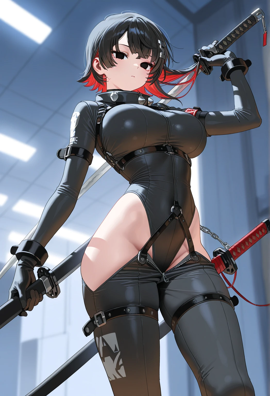 solo girl,Glossy metalic light silver tank top, tight latex shiny, Red interpolation color,Black hair bob,red eyes, camel toe, Samurai Sword,
Lift one leg, sexy lady, โชว์กางเกงใน girl, ถ่างขา, งอเข่า,