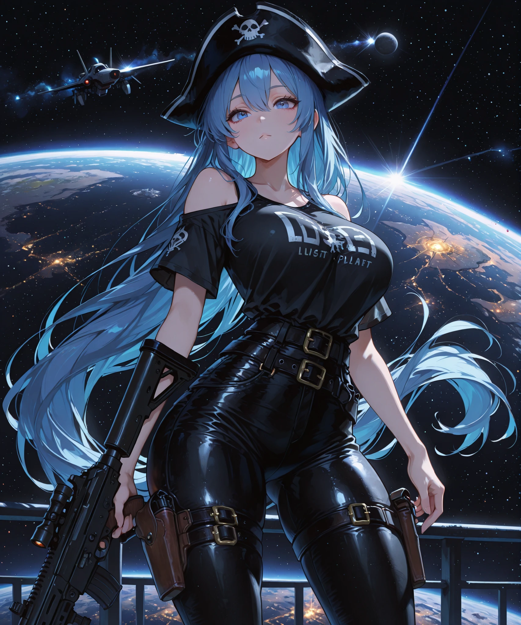 748cmstyle,adult, best quality,masterpiece, full figure, space-pirate pose dynamic, illustration,an extremely delicate and beautiful, 4k wallpaper,absurdres,incredibly absurdres,ultra-detailed,highres,extremely detailed,beautiful detailed girl,big breast, light on face,anime style a woman with lucid-Blonde hair long up to her shoulders. wearing a short black hat, a tight black t-shirt and dark-black skintight pants. with black holsters on the legs and a black belt, perfecteyes, Blue eyes, perfecteyes, wear a black-patch on left-eye,holding dark-black space-rifle pointed upwards,very long ponytail blue hair,on pirate-spaceship in the sky of the futuristic metropoly in the loast planet,lazypos v2