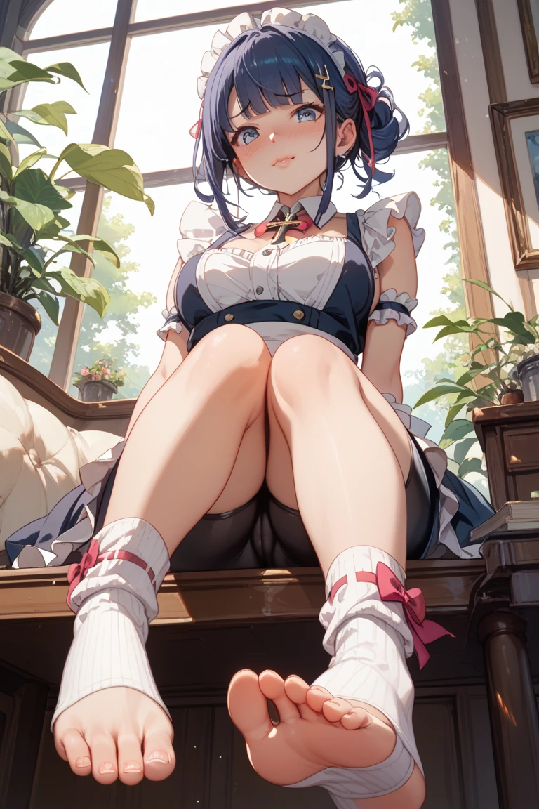 girl, it confuses me, Blue short dress, Necklace, panties visible, Holding panties in your hands, peeking out from under his forehead, Shiver, fantasy world, fantastic landscape, rope on legs, leg bandage, is sitting, spread your legs, torn dress and holes