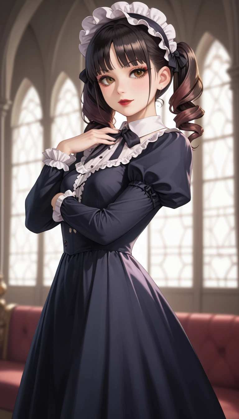 a scared victorian era woman in her early 30's wearing sexy black gown, bun hair, bar, wearing hat, straight white medium-length hair, striking purple eyes, detailed realistic portrait, photorealistic, hyperrealistic, 8k, detailed clothing, beautiful detailed eyes, beautiful detailed lips, extremely detailed face, intricate ornate details, cinematic lighting, dramatic shadows, cool color tones, indoor lighting, highly detailed, masterpiece, artstation, sharp focus, hyper detailed, half body