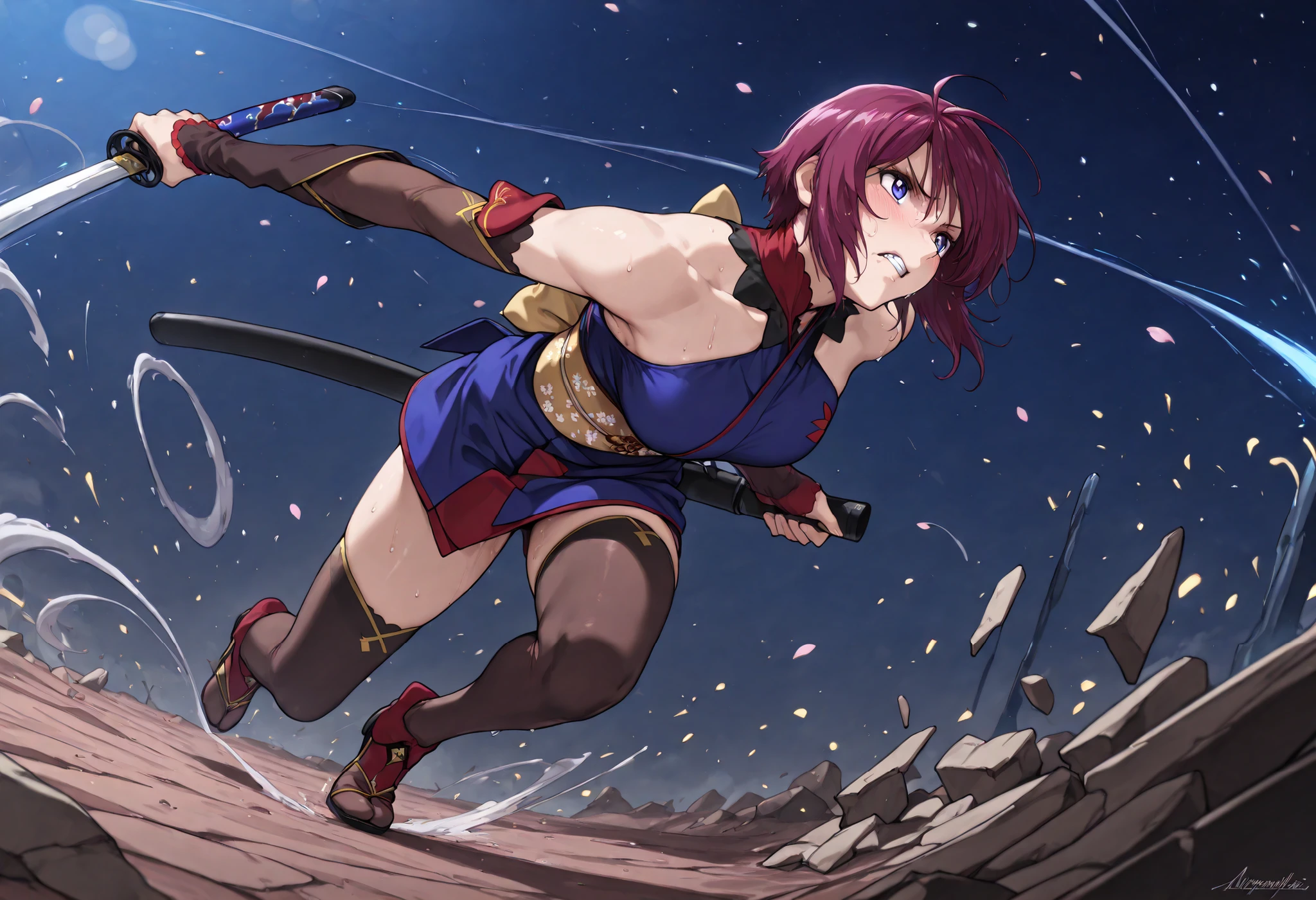 score_9, score_8_up, score_7_up,BREAK,masterpiece, best quality,,amazing quality,source_anime,anime coloring, absurdres,A very detailed and Hi-Res image、lightning crackling around, (beautiful and detailed face),1girl,(solo),(((lunamaria:1.1))),1girl,,(((LunamariaHawke:1.1))),(((purple hair:1.3))),((ahoge:1.2)),(((short hair:1.2))),blue eyes,breakmiyamoto musashi,fate grand order,miyamoto musashi \(fate\),(((high neck,blue kimono,short kimono,japanese clothes,detached sleeves,bare shoulders,Brown elbow gloves,thighhighs, unsheathed,scabbard,break ,Flower-patterned red obi,gold obi cord break))),((lunamaria)),1girl,solo,blue eyes,red hair,short hair,ahoge,eyebrows,quality\(8k, Hi-Res, top- quality, top- quality real texture skin, super realistic, increase resolution,RAW Photo, very detailed, wallpaper, golden ratio,vibrant{{breathing}},full body,(Watery eyes),(closing eyes),{Wet body},(Close-up of a girl:0.7),(((add energy to the scene. Motion Effect))), (Like a subtle blur),bokeh,full body,(nape of neck),,((Pained expression)),(((Sweat:1.4))),(grimace),blush,(holding one sword ,movement, motion blur, dynamic angle,full body, BREAK depth of field, foreshortening, dynamic pose, super wide angle shot, extreme perspective, ,anime wallpaper,light particles, cinematic lighting,Visual impact,dynamic pose,ultra-realism, anime style, dreamy psychedelic anime,Elegant outfit, perfect figure, beautiful , The background is a dark forest clearing illuminated by faint blue light, with falling cherry blossom petals swirling around, adding a sense of elegance and tension,moving,night,outdoor,effect,((reaching one arm front and open palm)),(her softly emphasized by the folds of her loosely draped kimono, wearing her signature red and blue kimono-style outfit from her first ascension),(((the opening still loosely adjusted with no visible bra,fabric naturally concealing her breasts))),dark blue bra under kimono,dynamic pose,dynamic action,perfect sword,
