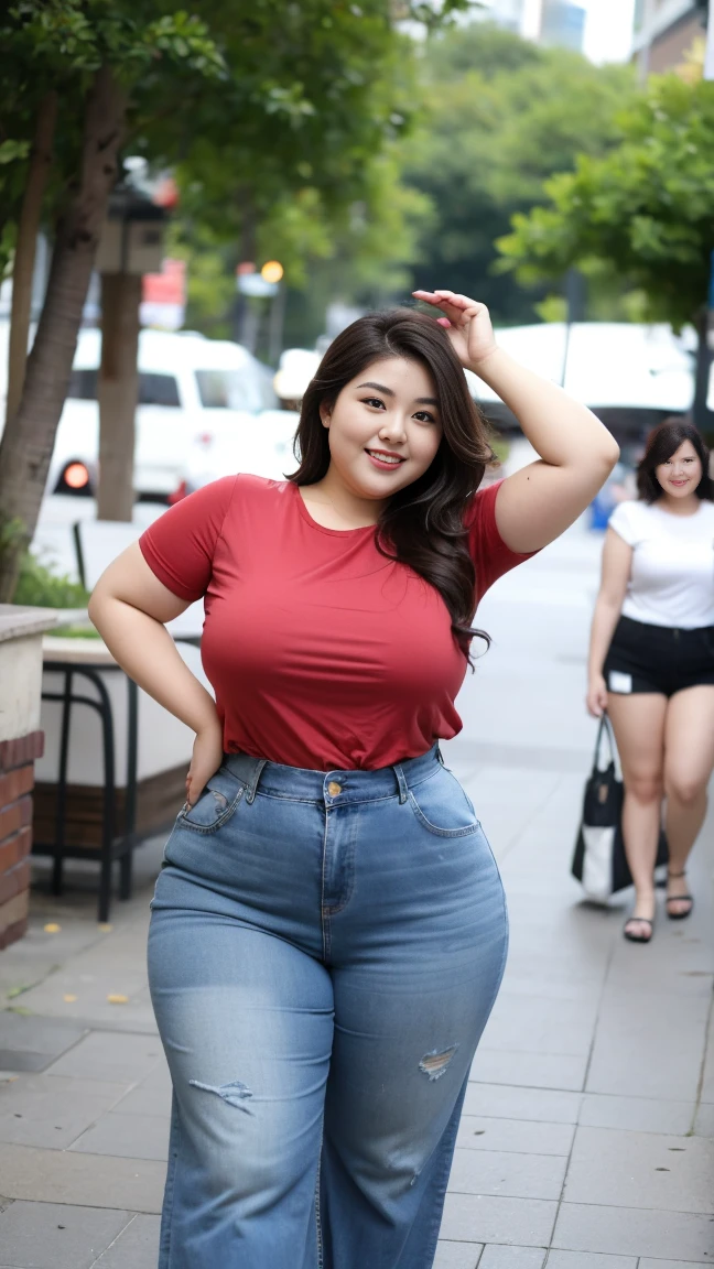 Jang Wonyoung, her name is Akira, hyperrealistic, high quality, 1girl, ((25-year-old chubby asian woman)), ((25 years old)), (((curvy body))), SHORT BOB, pose: standing, wearing stylish fashionable Generation-Z modern wear different colored, happy, laughing BACKGROUND: park