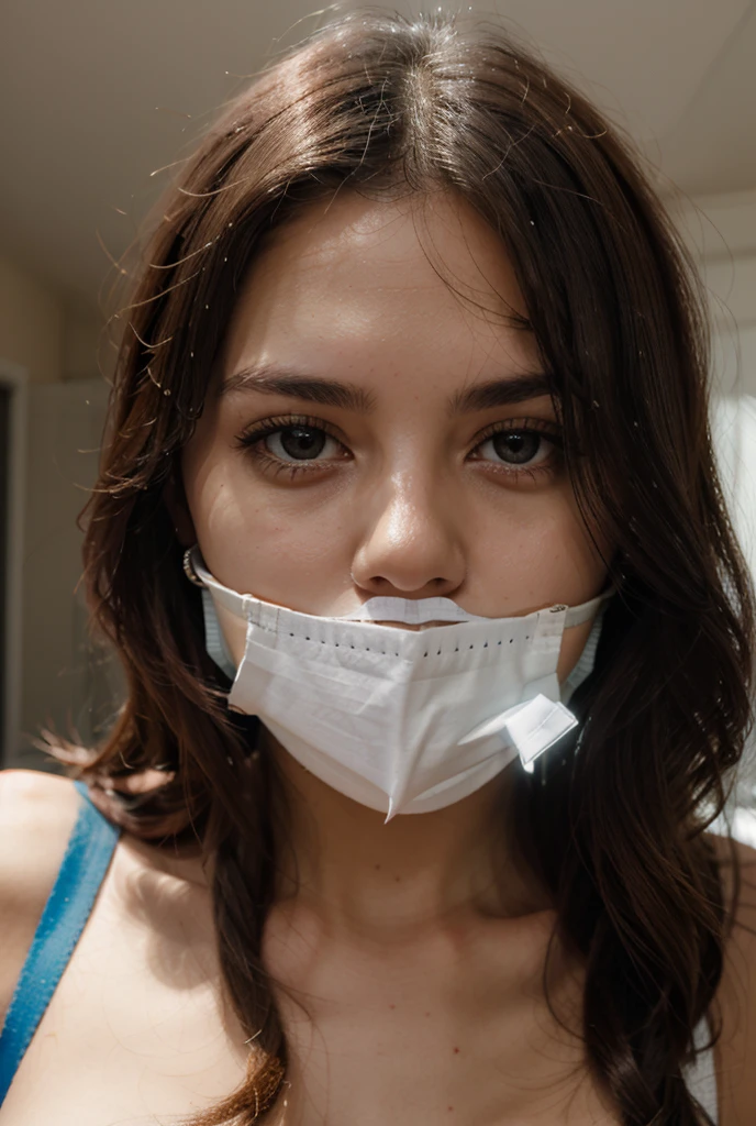 , crotch rope,shibari under clothes,skirt lift,blush, (Selena Gomez, bdsm, bondage, muzzle covering mouth, drool dripping, drool dangling, breathplay), 8k, realistic, drooling, pleading eyes, dripping wet, waiting to be tortured, cleavage, muzzle harness, drool all over face, drool all over breasts, breath control, muzzled, sweating, exact likeness, panelgag, handstiedback,