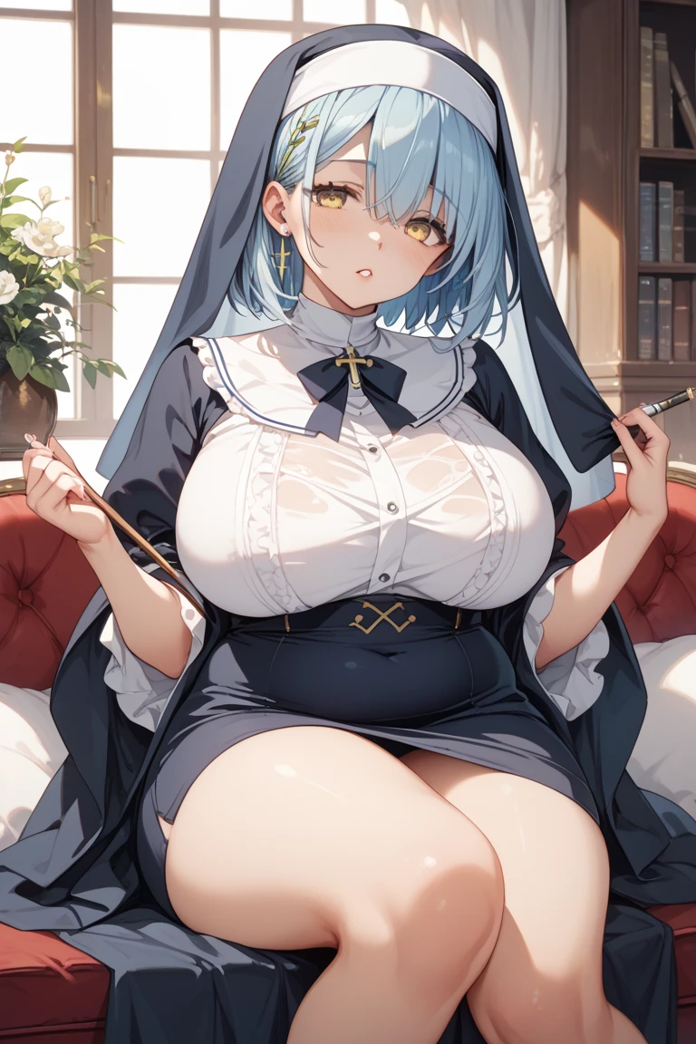 Manhwa style chun-li Nun in a black dress showing pussy lifting her and showing her vagina to a student hiding in the classroom, Slim body, serious face