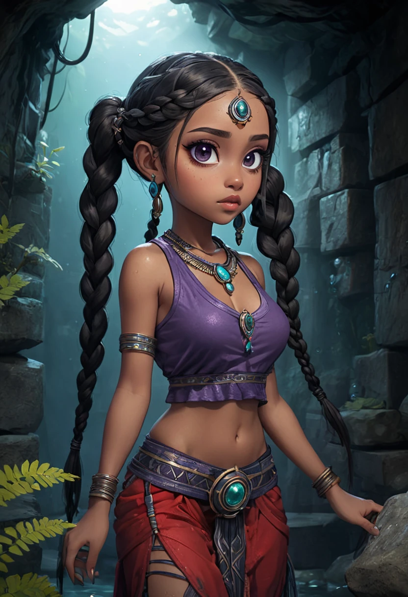 a young 9 year old daughter of severus snape,(((1 toddler:1.4))),(baby face),(round face),(little chest),(big forhead:1.2),(beautiful big eyes:1.3),extremely detailed cute anime face, (((flat chest))),((((long twin braids,tight braids,long braid,braided hair,long hime cut,dark hair,black hair,colored inner hair)))),(((purple_eyes:1.3))),intricate eyes,beautiful detailed eyes,symmetrical eyes,(big eyes:1.5),((((lustrous skin:1.5,tanned skin,bright skin: 1.5,skin tanned,shiny skin,very shiny skin,shiny body,Reflective skin)))),(((detailed face))),beautiful detailed lips, (cute,kawaii,(nsfw)),๐ฆ,๐, long loincloth,(navel),Shaman tribal clothes,thong tribal,(tribal clothes,style old Egypt),navel,barefoot,bare arms,exposed belly button,necklace,(tribal clothing),((red clothes,wet clothes,intricate outfit)), dynamic pose,looking at viewer,embarrassed,centered,scale to fit dimensions,Rule of thirds, indoor,underground,((A deep, cavernous cave with jagged rock walls, illuminated by the (dim light of bioluminescent mushrooms) and (jewels) embedded in the walls. The atmosphere is humid and cool, with (mosses and lichens) growing in the humid areas. (The crystals and minerals reflect light), creating a ((magical effect)). ((The gems radiate an intense brilliance) that illuminates the darkness of the cave, and the crystalline water droplets shine in the dim light. ((Puddles of water)) on the ground reflect light from the gems, creating an even more ((magical effect)))),scenery,extremely scenery, (Glossy Egyptian ornaments),(intricate),(masterpiece),(intricate background),((intricate detail)),(((Subtly lit, subtle colors))), highres,(best quality),(ultra detailed,extremely detailed),perfect face details,,artistic photography,