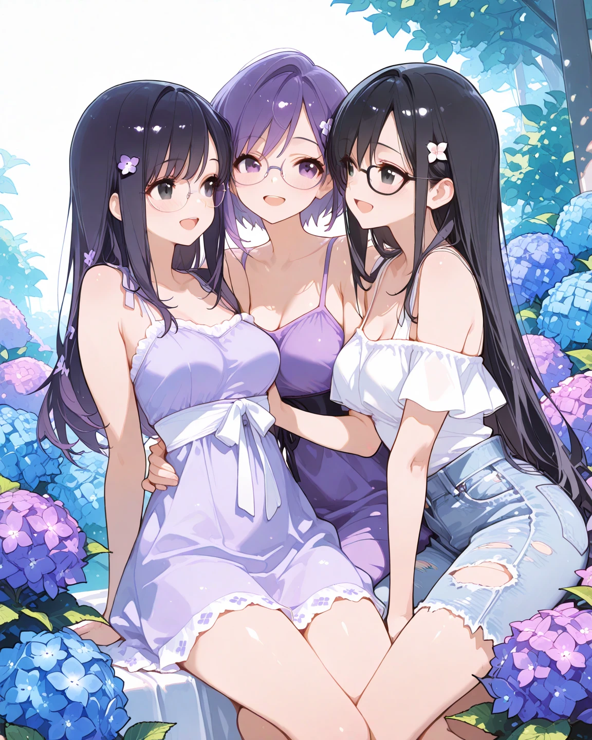 Super detailed, best quality, High resolution, Moe anime, ((((Three cute little girls with black hair and big round glasses hug each other.)))), (baby face), ((Big eyes:1.5, drooping eyes:1.2)), dark blue eyes, cute eyes, detailed eye description, brilliance of eyes, view audience, pale skin, ((())), NSFW, focus on the face, ((bust shot)), ((Naked frilly dress, Lower body is naked)), Nipples are showing through, In the park where cherry blossoms dance, Navel exposed, bare shoulders, Skirt-lift, Shirt-lift, Sunlight