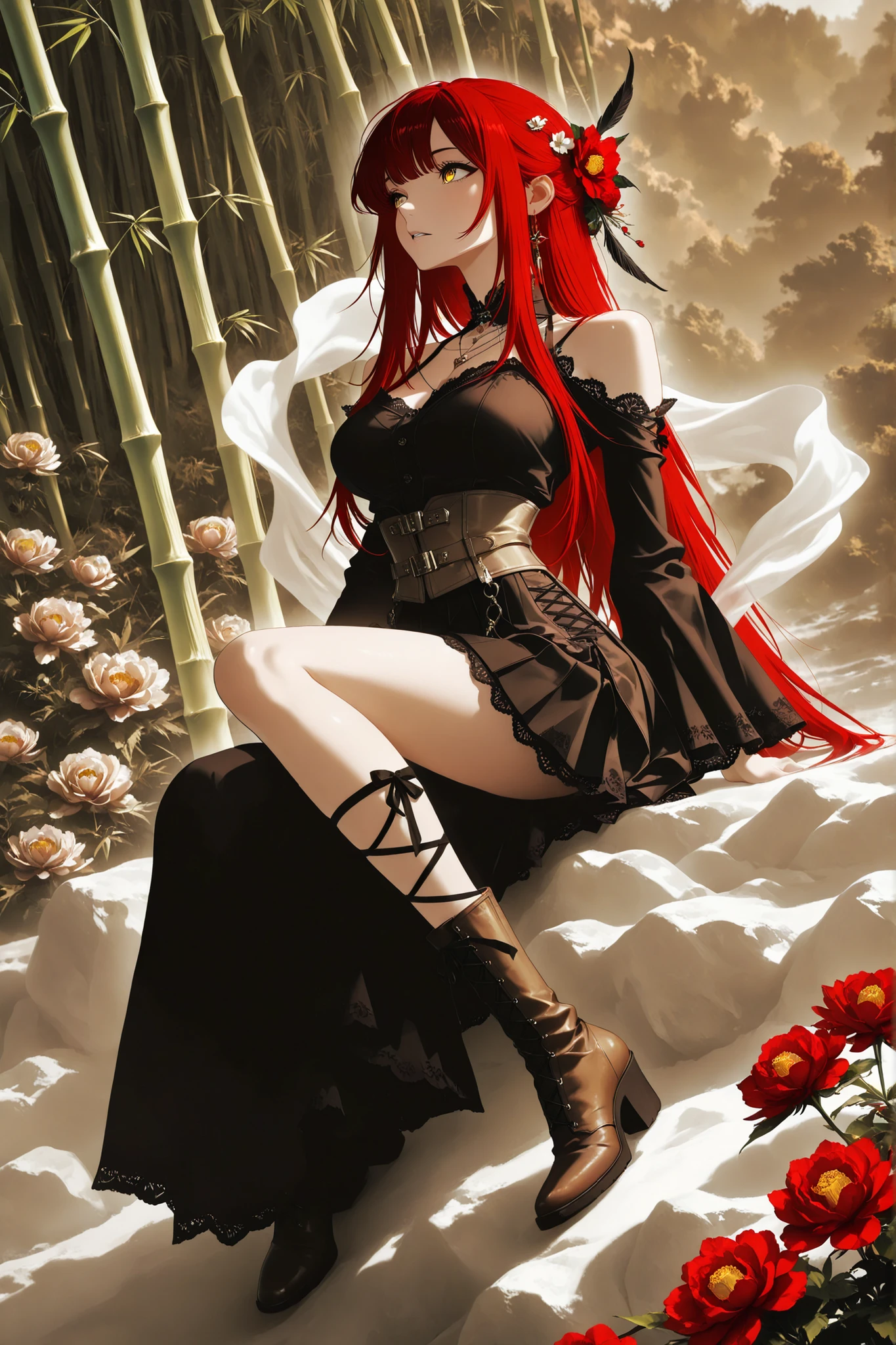 1 girl ,golden eyes , very long hair , long sidelocks, red hair ,half updo, petite , very cute , beautiful ,Straight hair, cool, handsome, hair ween eyes, , mediumlarge breast, cool, beautiful, hair flower, Canna-Lilie, light brown vintage Pleated blouse with bell sleeves and bare shoulders brown vintage-gothic lace-up corset, long black gothic skirt with ruffles, heeled boots, Delicate belt chains with feather jewelry, white theme, light brown theme,  necklace,  bamboo, flower, hair flower, red flower, peony (flower), hair ornament, weimao, hagoromo, yaopei, zhijupao, leg ribbon,  solo, full body, sitting, head tilt, looking away, parted lips, from side, ((dynamic angle)), dynamic pose, outdoors, nature, (blending, surreal:1.3), masterpiece, best quality, amazing quality, very aesthetic, 8k, HDR, cinematic, 