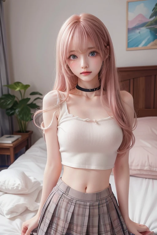1 woman, yellow eyes, Twin hair, long hair, pink hair, Medium bust, Medium ass, bobby pins, choker, bored facial, earring, short skirt, The white shirt almost came off., sitting on the sofa, lazy, relax, sleepy face , bored, Drink beer, Red face from drinking, blurred background, Very detailed, 8k wallpaper, glare, Ray tracing, realistic