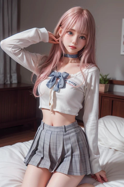 (best quality, 8k, highres, photorealistic:2.0), (solo, one girl:2.0),(lighting: strong),(lighting: front),(very muscular girl:2.0),(bodybuilder girl:1.5),(shiny skin:1.5),(pink ash hair color:1.5),(Open your bent legs to the limit:1.5),(raise both arms behind your head:1.5),(black loafers:1.5),((school uniform)),(white collar shirt),(long sleeve shirt:1.1),tight shirt,((ribbon bow tie:1.1)),(white socks),((blue pleated skirt)),((blue skirt)),((Wearing cute patterned panties)),(orgasmic look),((Girl leaning on an old leather sofa)), very beautiful girl, Blush brown makeup , dark eye makeup