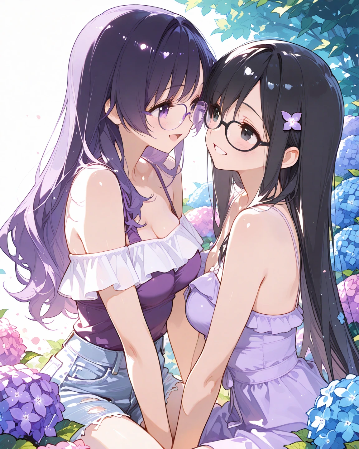 Very detailed, Highest quality, High resolution, Moe Anime, ((Two cute girls:1.4)), ((Black Hair)), ((tareme)), ((Wearing large round glasses:1.4)), (Baby Face), Cute eyes, Detailed eye depiction, Eyes sparkling, View your audience, Pale skin, (Big eyes:1.4, Droopy eyes:1.4, Torogao:1.4), Focus on the face, In the park where cherry blossoms are falling, (((Slightly below:1.2))), ((Sheer white lace sleeveless dress)), Bright Eyes, (Flat Chest:1.4), ribbon, ((Nipples are visible)), (Braided hairstyle:1.4), ((nsfw)), ((Petite)), ((Young)), Skirtlift