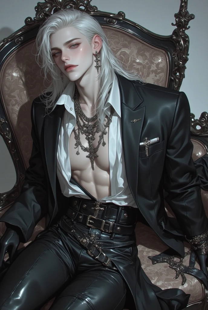 Create a handsome and attractive prince of hell, details his face, Let his jaw be marked but don&#39;t give him a beard so he looks young and imposing. that has long white hair, that has blue-purple eyes, Leave his chest exposed with some symbol tattoos and put him in a long, semi-transparent black robe with gold embroidery, that has leather pants and a belt, Put a bracelet on his arm too. Let him sit in an elegant black chair with thorns and diamonds and hold a glass of black wine in his right hand.. make it realistic 