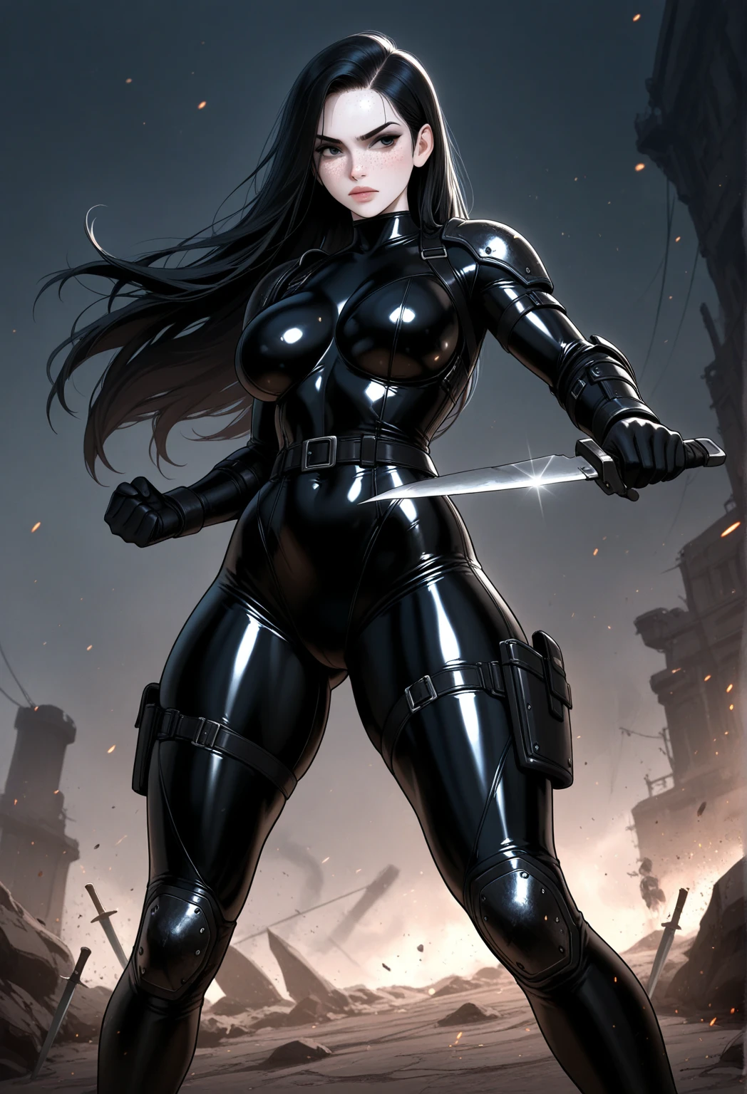 (monochrome, grayscale:1.2), Black Grim Reaper, Late Night cityscape, Huge scythe, (Crescent Moon:1.2), Pale face, fully clothed, giga_busty, standing, full body shot, front view from below, dark cinematic lighting, covered breasts