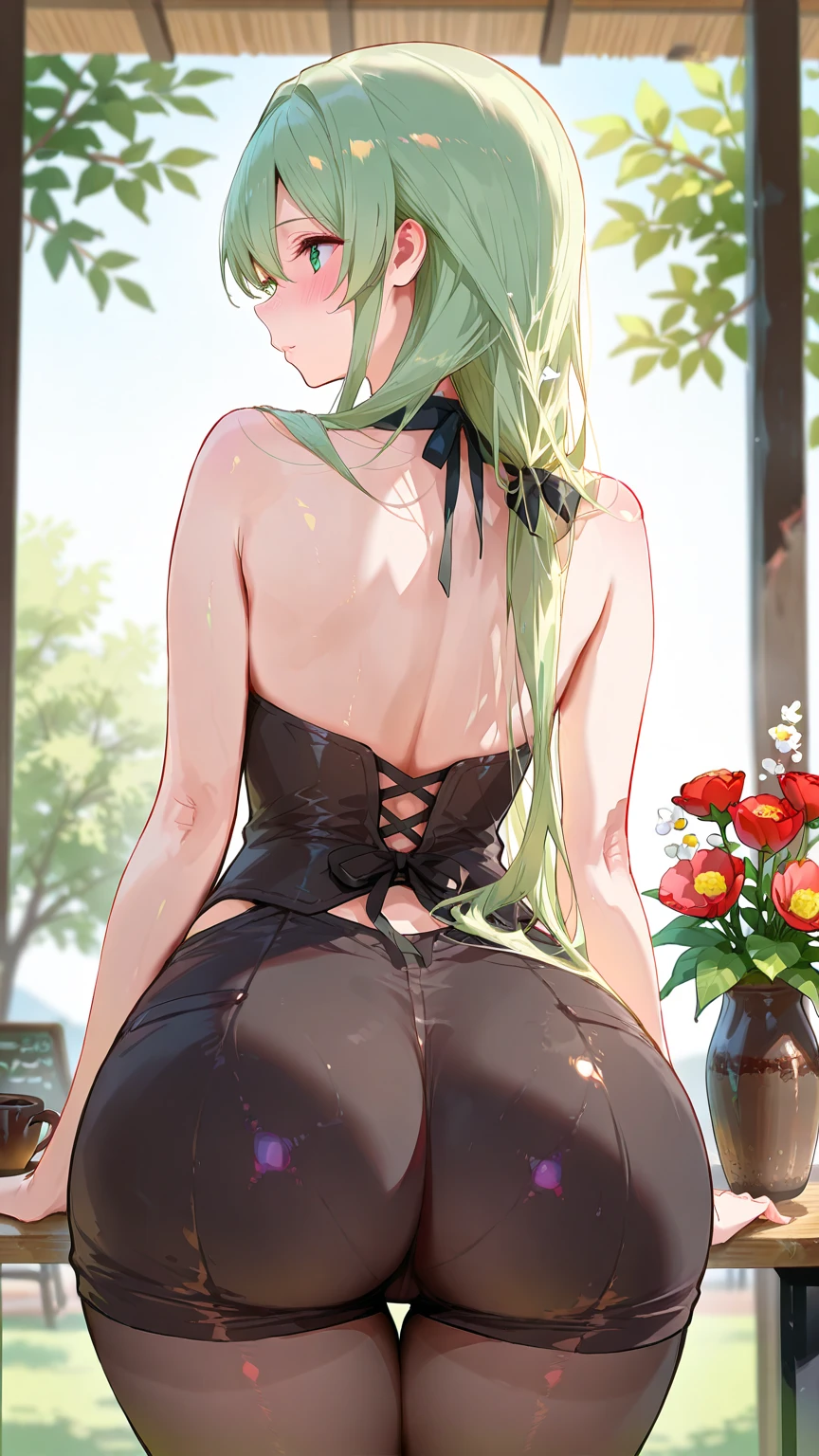 a cartoon of a woman with white hair and a black top, Thick, , echidna re:zero, big booty, low view, GROUP, guweiz, 2 second, 2b, backlit, crouched, looking from behind, making a graceful pose on you, lindosexyrobutts

