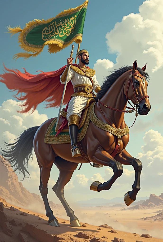 A Marshal in a toga, López, on a white horse with a flag waving in his hand