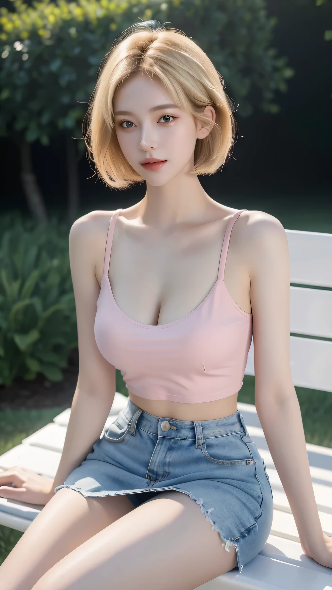 ((((masterpiece, Best Quality, High resolution)))), extremely detailed 8K, sexy Beautiful new employee with slim body, (Ultra HD, Ultra-detailed, Highly detailed, Highly realistic, Ultra-realistic, photos realistic), (1girl:1.5), blonde hair, short bob cut like, (dynamic poses), facing at camera, light smile, ( beautiful breasts: 1.2), (beautiful detailed face, Beautiful detailed eyes), (white mini crop top , ((detailed tight transparent mini crop top)), ((detailed mini skirt)), ,exposed cleavage, (pink nipples visible through shirt:1.2), Glow, Sweat, (rays of sunshine, Sunlight),sexy long legs, nakeness,bared chest,Sexy, Blushing,look up to the sky, ultra realistic wide landscape, photogenic scenery,sitting on the bench outdoor flower park, windy day,hair blowing in the wind