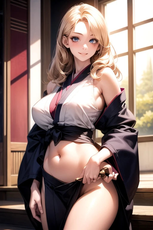masterpiece, ultra high quality CG, best quality, perfect picture, solo, lidia sobieska (tekken, blonde hair with high ponytail, blue eyes, red hairbow, strong), wearing a sexy karate outfit, sitting on the bed, looking sideways, blushing, shoulders showing, in a European mansion