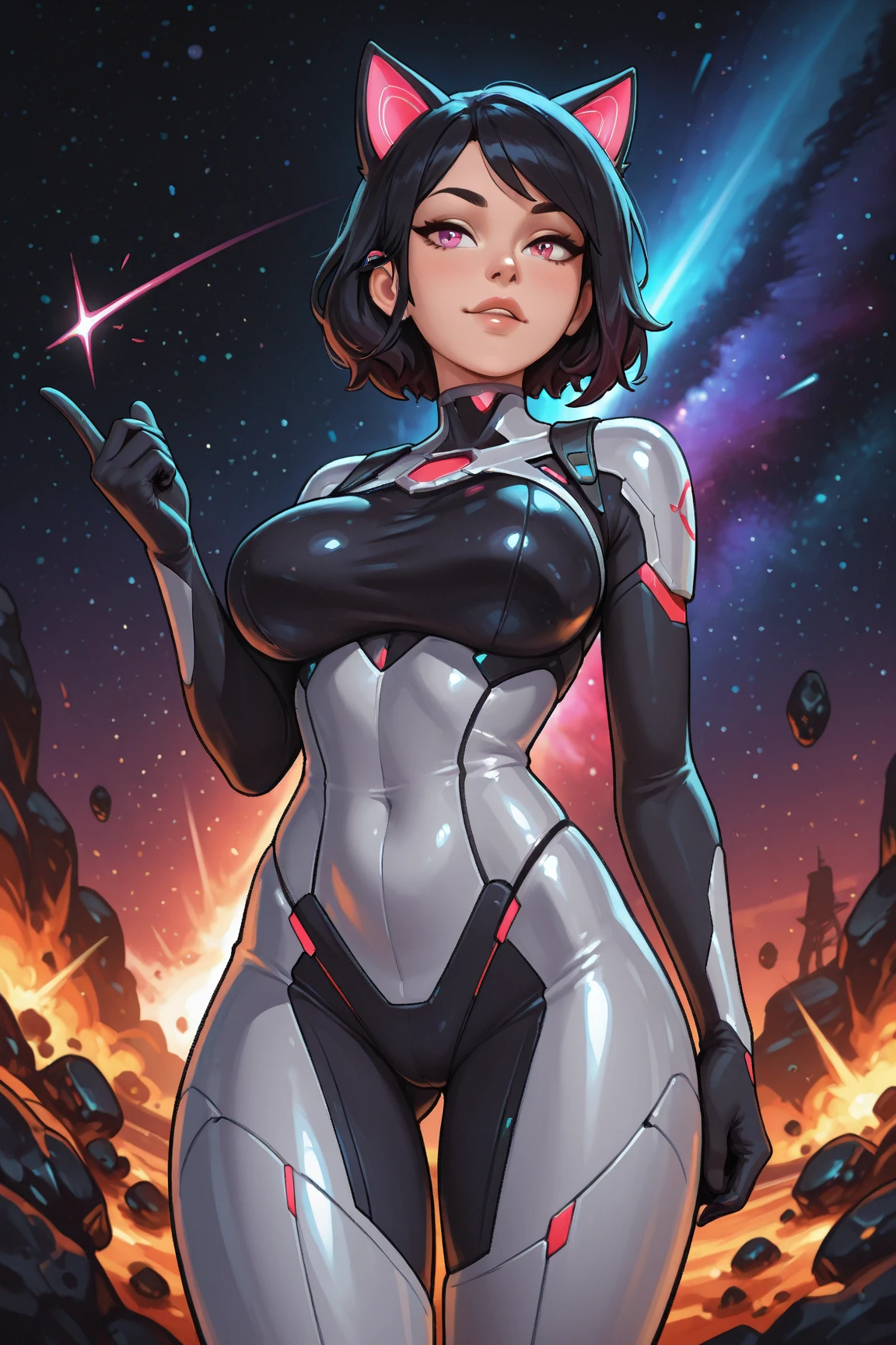 ((masterpiece, Highest quality)), 32K Wallpapers, Very detailed, posters, Vintage science fiction, 1960s,(((space thriller cinematic movie posters))), (Bauhaus), shape,Abstract, Midcentury Modern, movie posters, Vintage, A woman fused with a robot,アニメ,1970s,Halftone,Speech bubble,Milky Way,(superhero),((portfolio,close)),Cyborg of the Future,Combination of machine and woman,Space,Cyborg Lady,Big Breasts,Erect nipples,