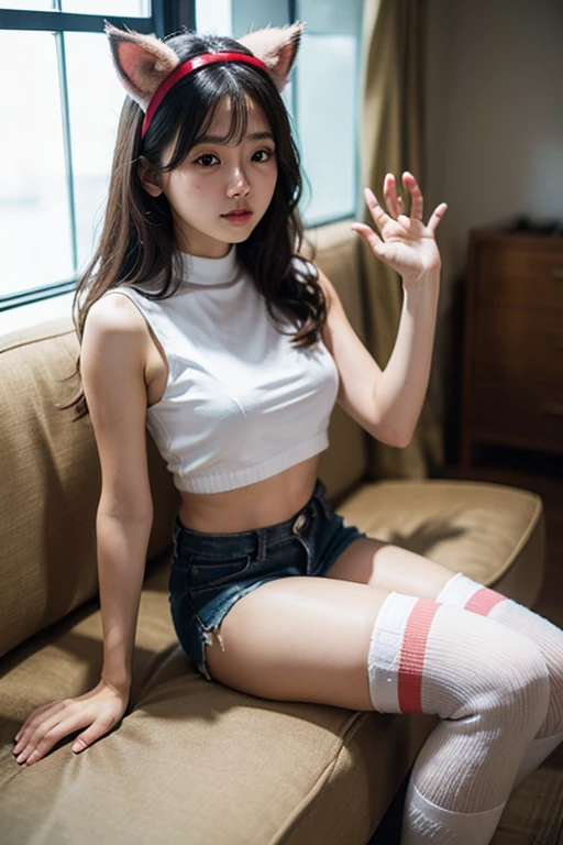 angle from below, a receptionist woman, drooping eyes, realistic skin, light-makeup, sleepy, (showing off her panties and pubic-hair, rugged-sneakers), pubic hair, tiny earrings, thin necklace, deserted place outside, 