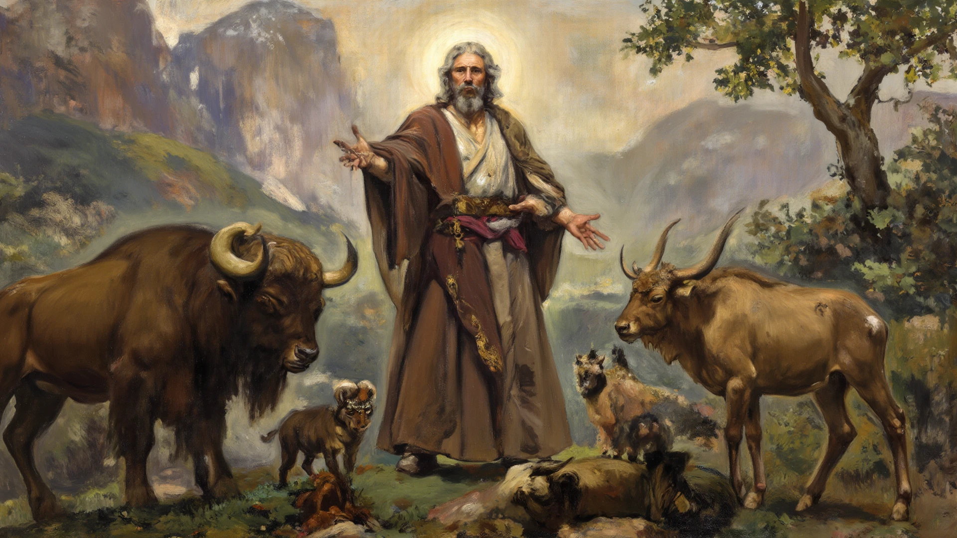 "Pre-Raphaelite painting of Celtic druid sacrificing a bull, Sangue cai em uma tigela de bronze, videira, parreira, Uvas, VINHO"