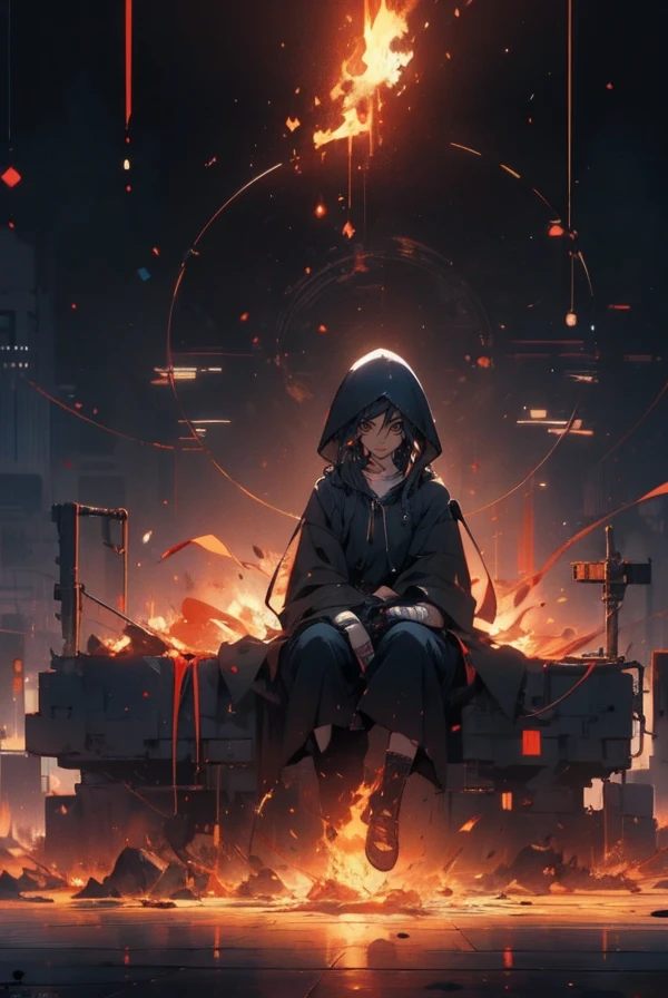 A broken robot, with a dark red light in the explosion, full of memory fragments, tin, and leisure, a confused mind, everything broken water running down like cloud coffins Inside a room inside a room A very sad solo