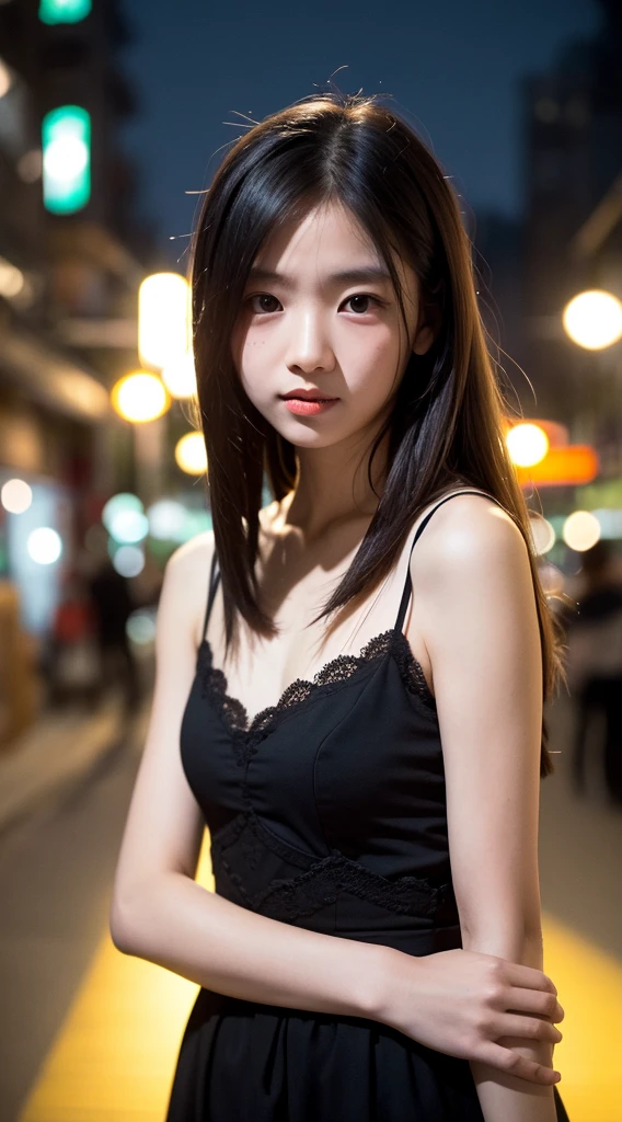"A beautiful girl walking in the night city, long black hair, fair skin, oval face, large sparkling eyes, wearing a sexy, form-fitting wine-red dress that accentuates her stunning figure and long legs, black high heels, holding a small black handbag. She is standing in a bustling street with neon lights and street lamps creating a dreamy atmosphere. The tall buildings with colorful lights in the background. The scene has realistic lighting, capturing soft light reflections on her hair and face from the street lamps. The image is highly detailed and photorealistic, as if taken with a DSLR camera, with a natural depth of field and sharp focus. She is positioned at one-third of the frame, creating a more artistic composition. Her long legs are prominently displayed, adding to her graceful and elegant appearance. She has a soft smile on her face, and the ambiance is lively yet romantic."