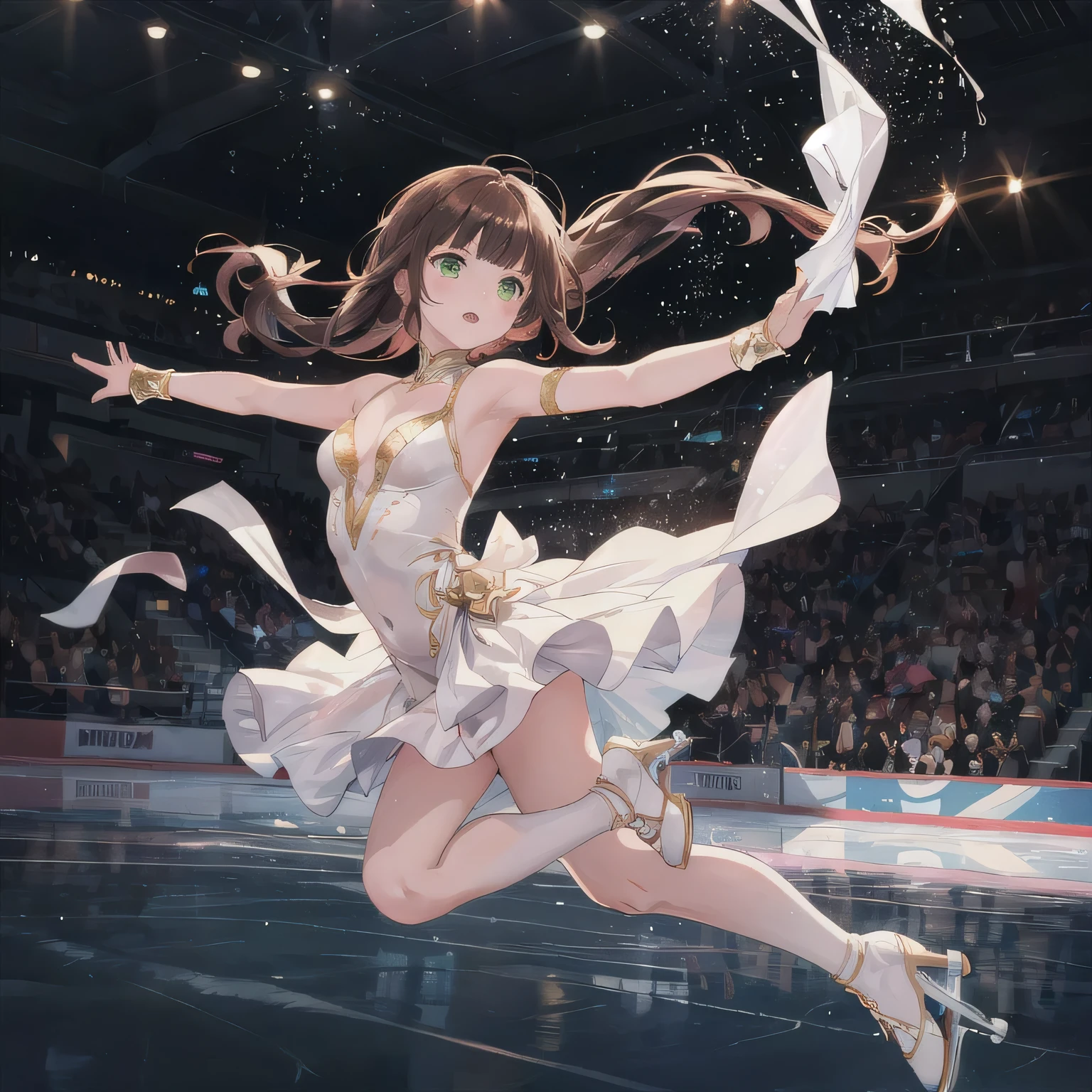  masterpiece, (textured skin), best quality, gorgeous beautiful girl, (a female rhythmic gymnastics athlete), detailed clothes,large breasts,narrow waist,, (beautiful face), cinematic lighting, (at rhythmic gymnastics venue ),