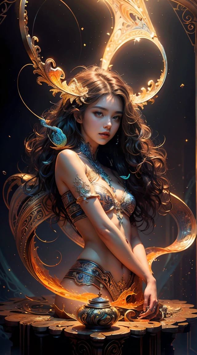 NSFW,
Perfect NsfwMajic (masterpiece, Highest quality, Ultra High Definition, Official Art, beautiful and sensual: 1.2), (One woman), Extremely detailed, Erotic, Most detailed, Official Art, 8k wallpaper, Super detailed, beautiful and sensual, Seductive, masterpiece, Highest quality, (Zen Tangle, Mandala, Tangle, enTangle), Holy Light, Gold foil art, Sparkly Painting, Gold leaf art with shimmering highlights.
This image depicts a captivating woman adorned with intricate golden tattoos that form delicate tangle patterns, reminis