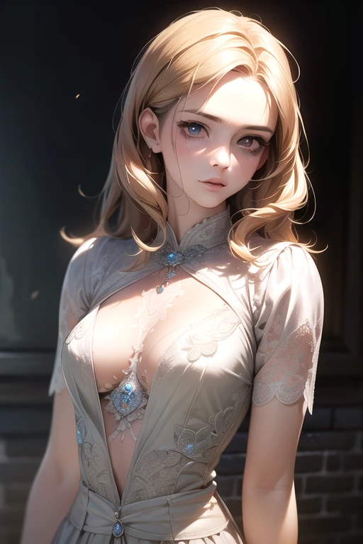 Please follow the all prompts below exactly and faithfully, This is a breathtaking masterpiece of digital illustration, with maximum resolution, UHD, 512K, 2160p, 10 million ppi, 300 million dpi, natural color tones, ultra sharp details, perfect outlines with contrast, ((smooth, soft and clearly and most realistic skin and hair texture)), most beautiful detailed eye features, perfect anatomically correct human body, beautiful background with depth, rule of thirds, depth of field, Maximize all element is used to its full potential to create the best digital illustrations, 1woman, sexy, 25years old, beautiful face sharp, elegant woman, Ultimate perfect body style, beautiful beautiful big breasts, Maximize upturned breasts, green eyes, shiny blonde hair, short hair, bob cut, (eyes visible through hair:1.3), glossy very thick lips, pink lipstick, smile:1.5, A long, flowing gown with a halter neck and intricate lace details on the bodice. The gown is made of lightweight chiffon fabric, with a fitted waist and a floor-length skirt that has a subtle train. The back of the gown features a keyhole cutout.