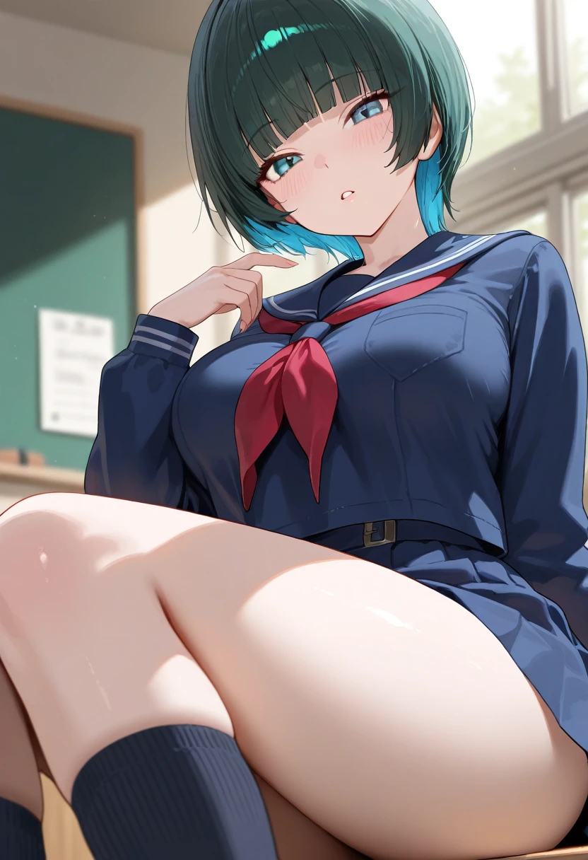 Young girl with blue hair,short straight hair and short bangs (purple eyes),, ((small bushy eyebrows)), wearing gothic lolita clothing, lolicon , large breast, breasts out of blouse, walking to school, bored look, bored face, , suddenly having sex in public, ((doggy style sex)), ((public sex in a restaurant)) naked ass in the male crotch, perfect anatomy, young boy fucking her
