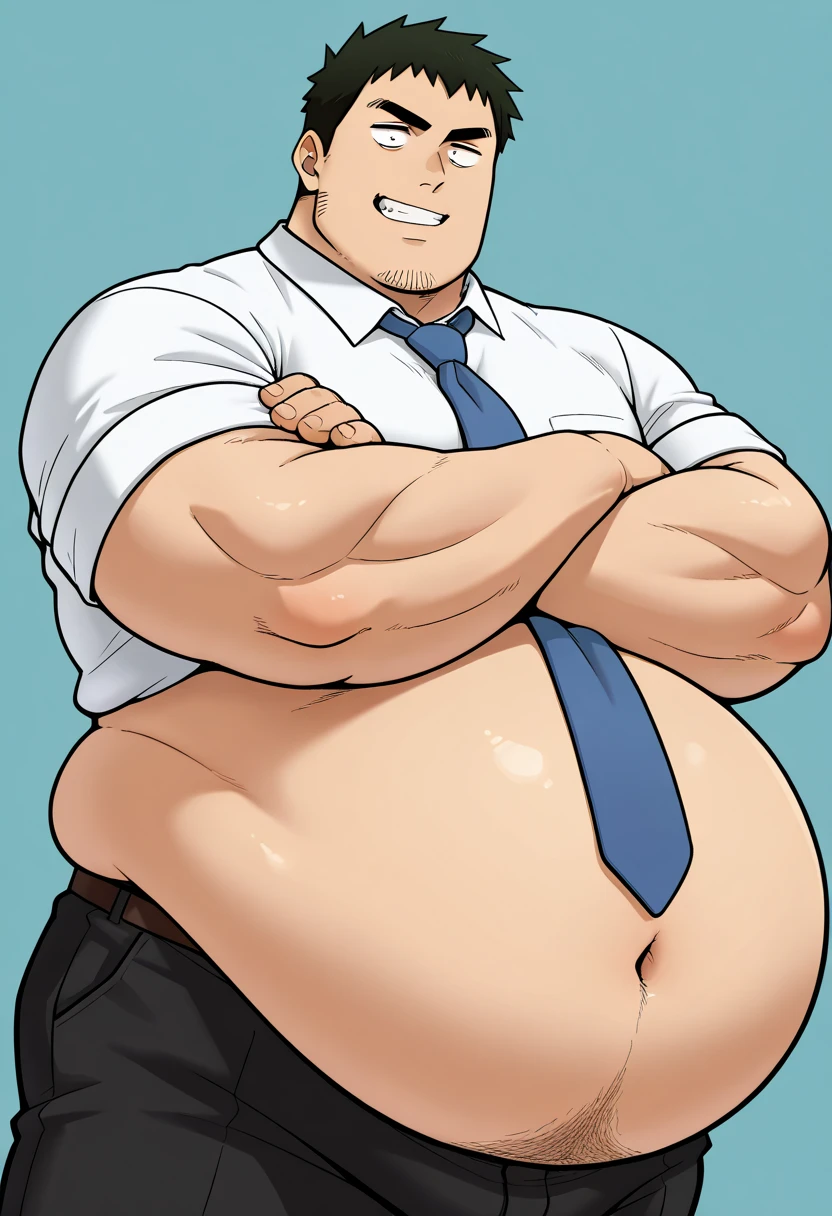nsfw, score_9 , score_8_up , score_7_up , score_6_up , perfect anatomy , (plump body), big belly, perfect proportions , best quality , masterpiece , high_resolution , high quality , solo male , Harumi Takeda , takeda harumi \(shiromanta\) , black hair , short hair , facial hair , stubble , black eyes , thick eyebrows , sanpaku , constricted pupils , (white collared shirt) , blue necktie , black pants , adult , mature , p;ump and masculine , manly , handsome , charming , alluring , standing , calm , friendly , grin , (upper body , crossed arms) , (perfect arms , perfect hands) , dutch angle , cowboy shot , simple background , view from side