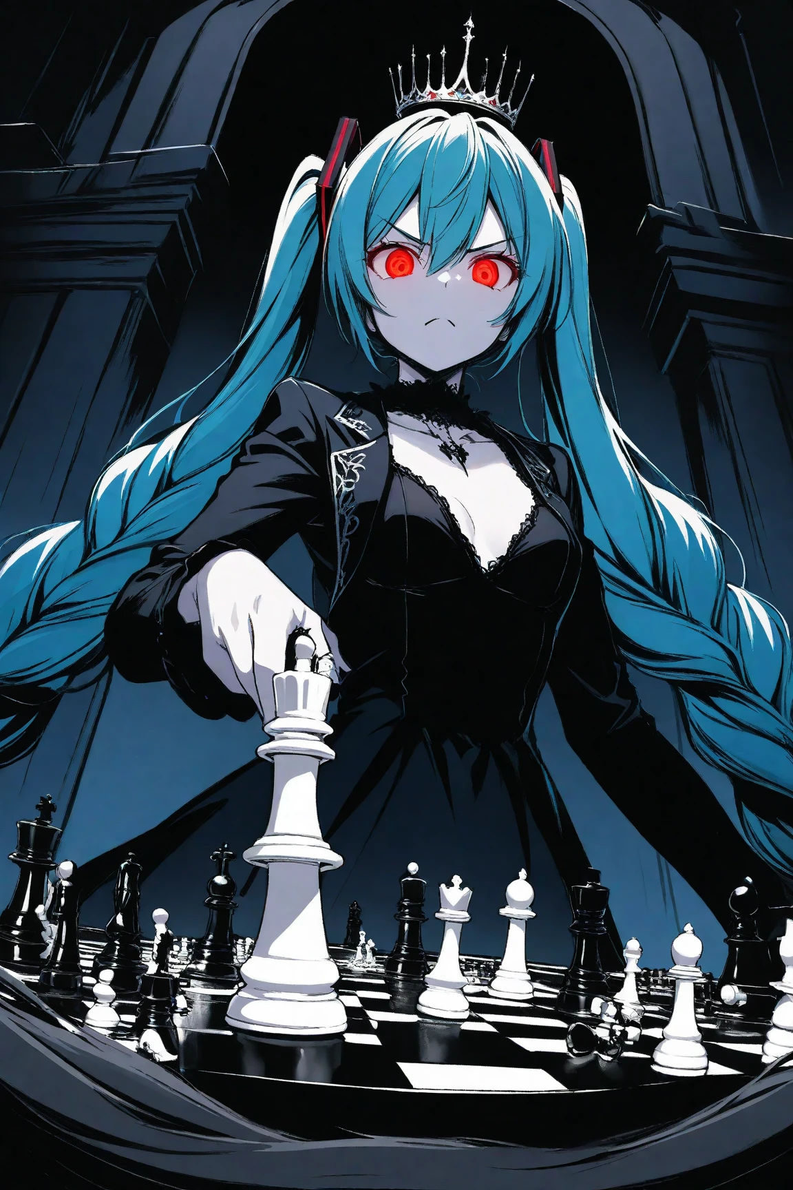 best quality, masterpiece, sharp lines, black and white color pattern, RELHstyle, 1girl, solo, Hatsune Miku, flowing braided hair, Frown, chess queen, pale skin, dark glowing eyes, long black dress, crown, (chess board), holding a chess piece, looking at viewer, detailed background, ice castle, upper body, blue hair, braided hair, chess pattern, low angle shot,