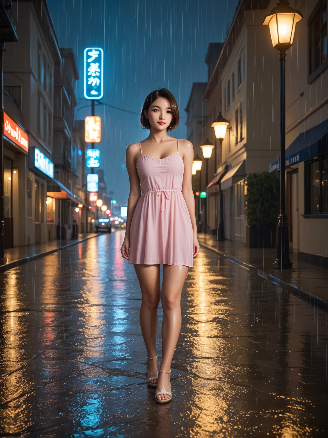 best quality,full-body shot,Get wet all over,masterpiece,Ultra-high resolution,(Reality:1.2),1 Girl,Deep Shadows,slim,Messy hair,Taipei Streets and Alleys,Dynamic squat position,,Backless dress,Transparent Tulle,Medium breasts,short hair,