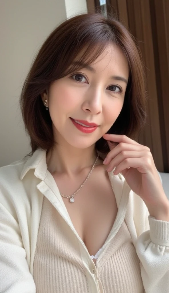 (Raw Photo), (Photorealsitic), (Masterpiece), (Best Quality), High Resolution, 8K, (Intricate Details), (Voluminous Light), Portrait, Female, (50 Years Old), Medium Straight Hair, layered hair, brown hair, very fine eyes, source order, very fine eyebrows, very fine skin, very fine mouth, very fine nose, cute like an idol, happy smile, (thick lips), (looking at the viewer), (Elegant Transparency blue Off the shoulder Short Sleeve dress), Normal chest, emphasize the chest area, waist shot, (Random body orientation),