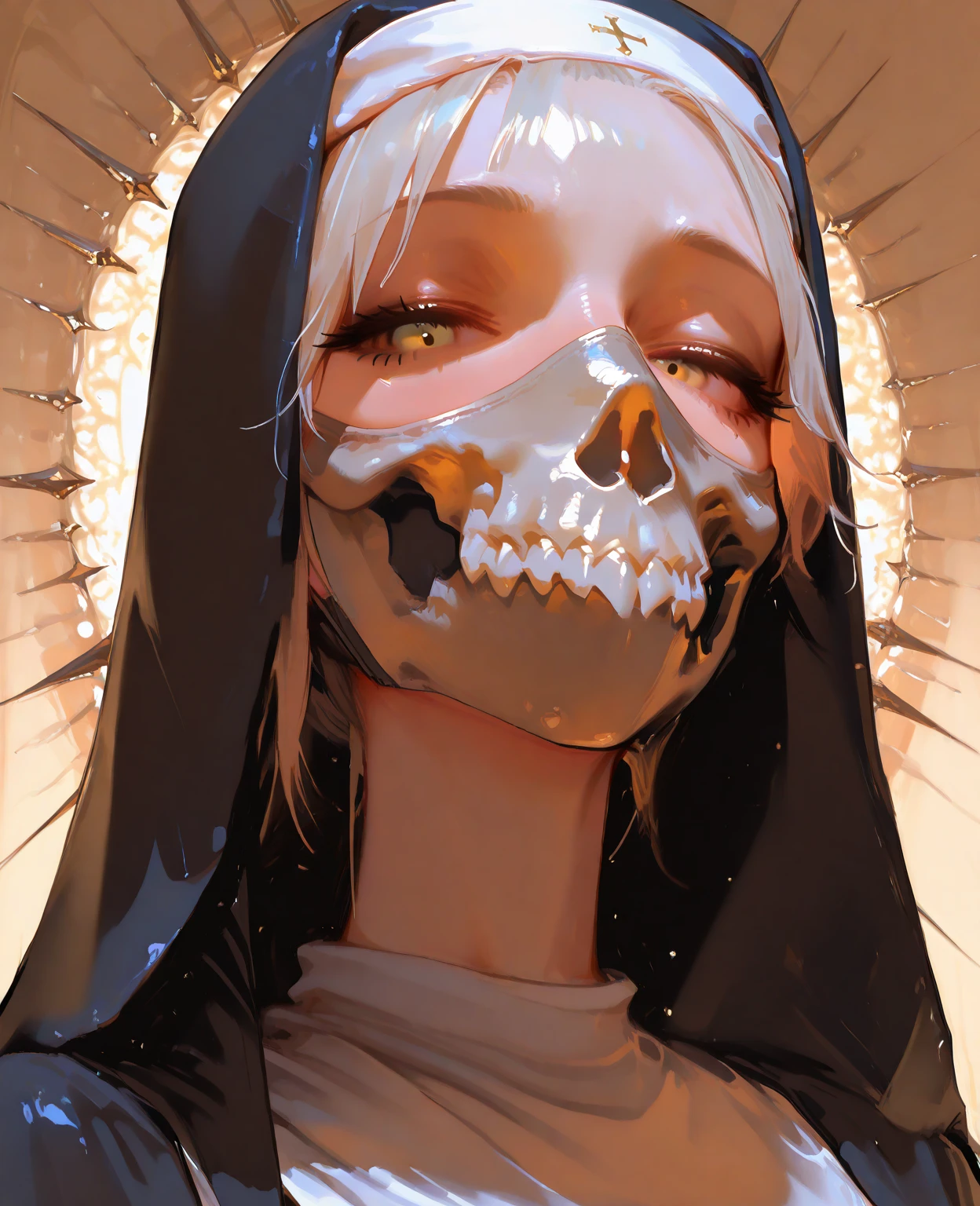 (((8k, very high resolution, masterpiece))), generate a high-resolution image of a wraith, a malevolent spirit that wanders through the mortal realm in search of souls to claim. The wraith should be depicted as a shrouded figure, its face obscured by a red rag, and its body wreathed in an ethereal, ghostly mist. The wraith should be holding a lantern that emits a spectral light, which it uses to guide the souls it deems unworthy to rest to their ultimate fate. The lantern is attached to one of his shrouded hand with a spiked chain, and should dangle under his stretched arm when pointing at the viewer.
The setting should be dark and eerie, depicting the wraith as a harbinger of death and despair. The background is an icy, dark cave, the light weak, mostly coming from the lantern of the spectre. The colors should be muted and ominous, with a focus on shades of red and blue. Use Stable Diffusion to ensure the generated image is visually consistent and coherent, with a high level of detail and realism.