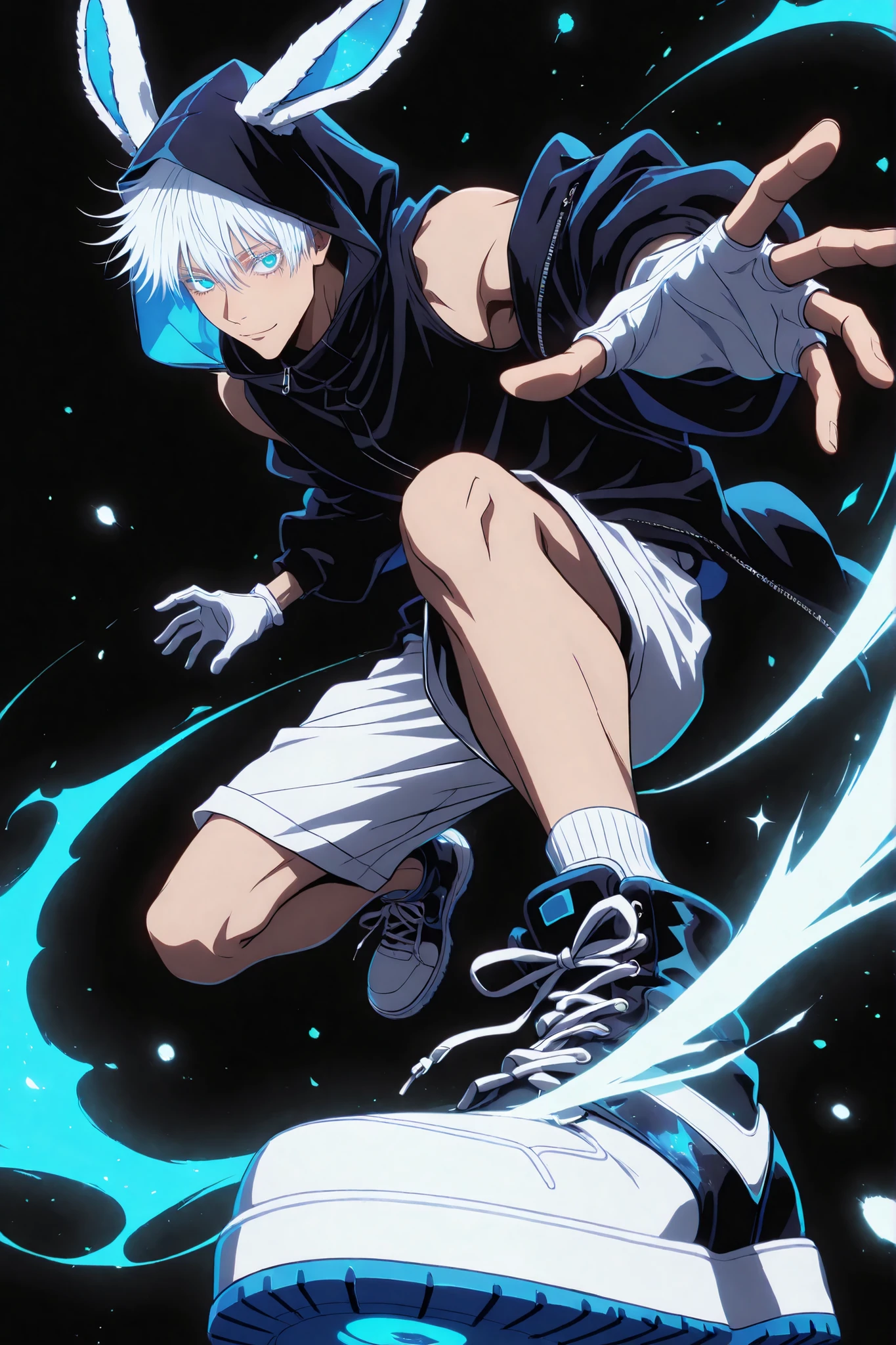 neon art, neon lineart, blue neon lineart, neon silhouette, silhouette, neon colors, glowing, glow effect, bright outlines, vibrant colors, high contrast, dark background, digital art, 1man, adult, male focus, gojou satoru, jujutsu kaisen, white hair, short hair, ((hair between eyes)), colored eyelashes, white eyelashes, blue eyes, intricate eye iris, detailed eyes, muscular male, sexy man, handsome man, handsome face, cool, nonchalant, male cool clothes, cool fashion, intricate clothes, intricate accessories, intricate patterns, cool, stylish, black top, bare shoulders,  hood, rabbit hood, hood up, hood with neon trims, white shorts, shorts with neon trims,  sneaker, black sneaker, single glove, white glove, solo, glowing eyes, looking at viewer, dynamic shot, dynamic view, dynamic composition, dynamic action pose, ((dynamic pose, foreshortening:1.3)), blue aura, motion lines, action scene, motion blur, bokeh, glittering, sparkling, (((black background)))