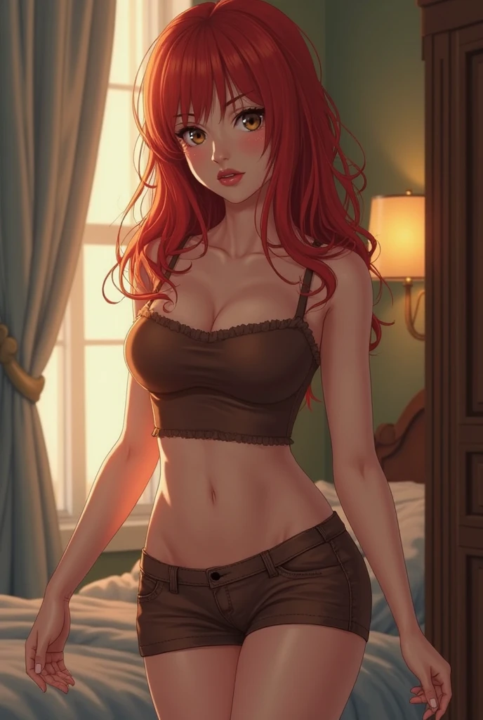 ((((masterpiece, of the highest quality, High resolution)))), Extremely detailed 8k, Beautiful girl with a voluptuous body, (ultra high definition, Super detailed, Very detailed, very realistic, ultrarealistic, Real photo), (A girl:1.5), (realistic red hair), (long wavy hair ), (dynamic pose), to the camera, See your viewers, (blush, smile), (hazel eyes, sharp eyes), (medium and firm breasts:1.2), (beautifully detailed face, Beautiful attention to detail), ((black tank top, fine material, lace underwear)), (Stand), shine, (Sun ray, sunlight), ((cowboy shot)), bedroom, fascinating