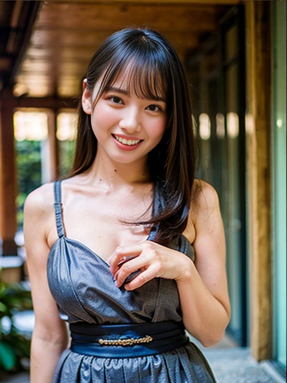 (highest quality),(masterpiece)RAW Photos, Realistic,Realistic Ultra-detailed, finely, High resolution, 8K Wallpaper,Anatomically correct body, Healthy Photos,1 人のかわいいJapaneseの少女,Japanese,13 years old,,smile,(Black Hair:1.3),(Straight long hair:1.4),(Are thin:1.3),(Small breasts:1.4),Slender body,(Japanese patterned yukata:1.3),Summer sunshine,Japanese shrine during the day,,Clear skies,Basking in the sunshine