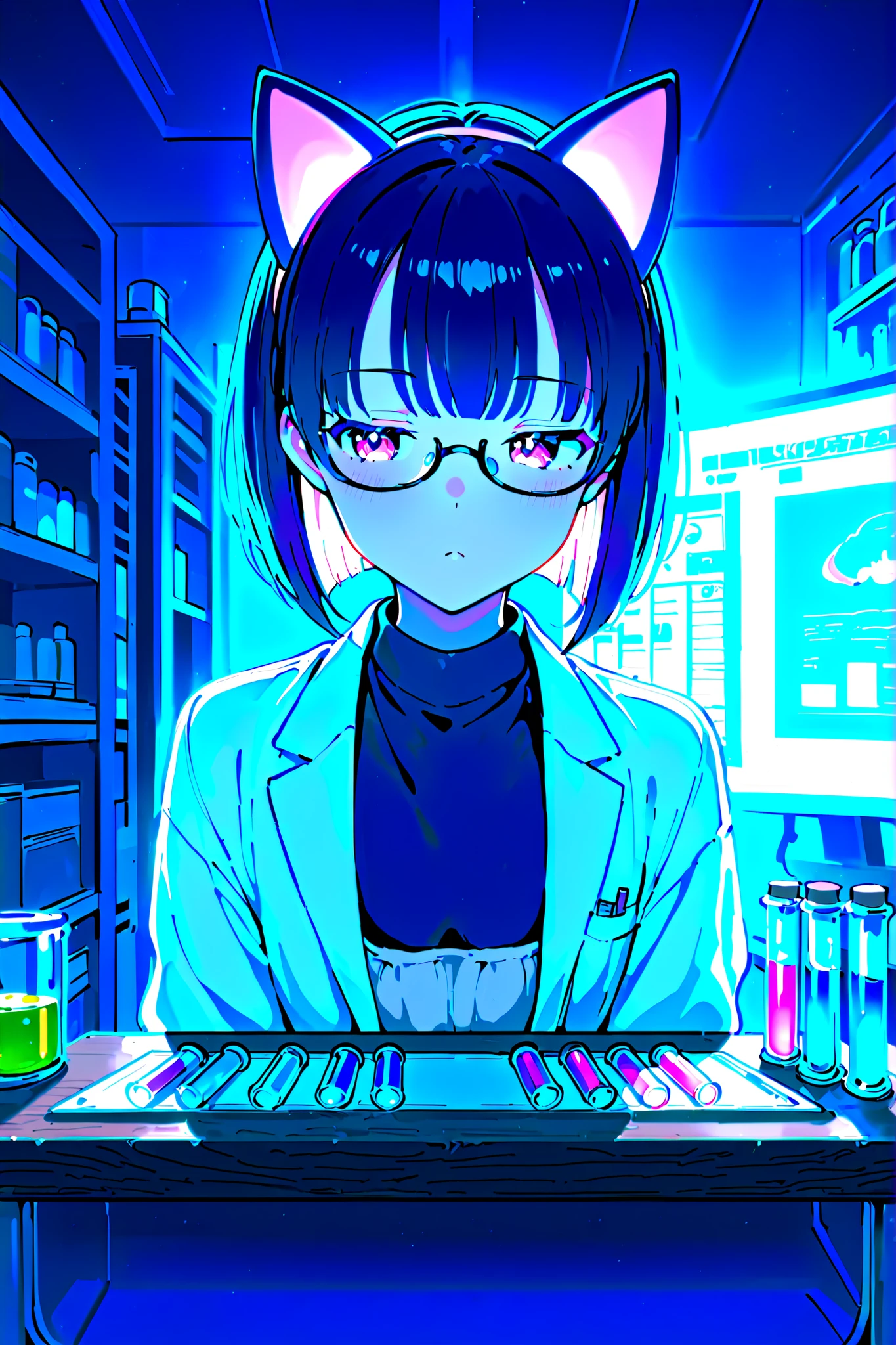 A science lab specializing in the development of cat ear head accessories. A young woman with short chestnut hair, wearing a white lab coat and half-rim glasses, stands as the lead researcher. She is seated at a cluttered desk covered with test tubes filled with colorful liquids. In the center of the desk lies a prototype of a cat-ear headband. The atmosphere is clean, high-tech, and slightly whimsical. The lighting is soft, with a slight glow highlighting the cat ears. Highly detailed, anime-inspired style, 4K resolution, soft color palette, lab background.