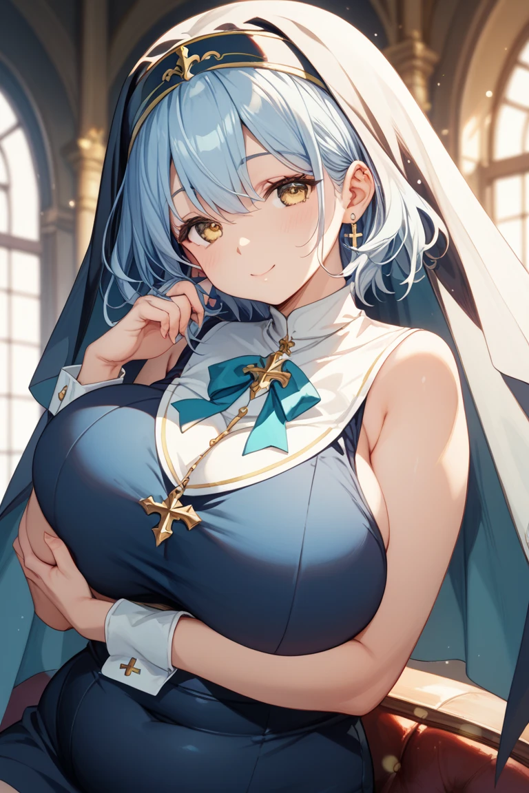 One girl, highest quality, Super detailed, masterpiece, Ultra-high resolution, 8k, Ridiculous, Cowboy Shooting, Focus on the girl, Embarrassing, blush, Lovely, Close one eye, With tears in her eyes and her mouth open, What saliva leaves behind, (arms behind head), (wariza),Classroom Background, ((sword maiden, goblin slayer!)), (medium breasts), (sagging breasts),(huge nipples), Absolute area, Black knee socks, front shot, from above