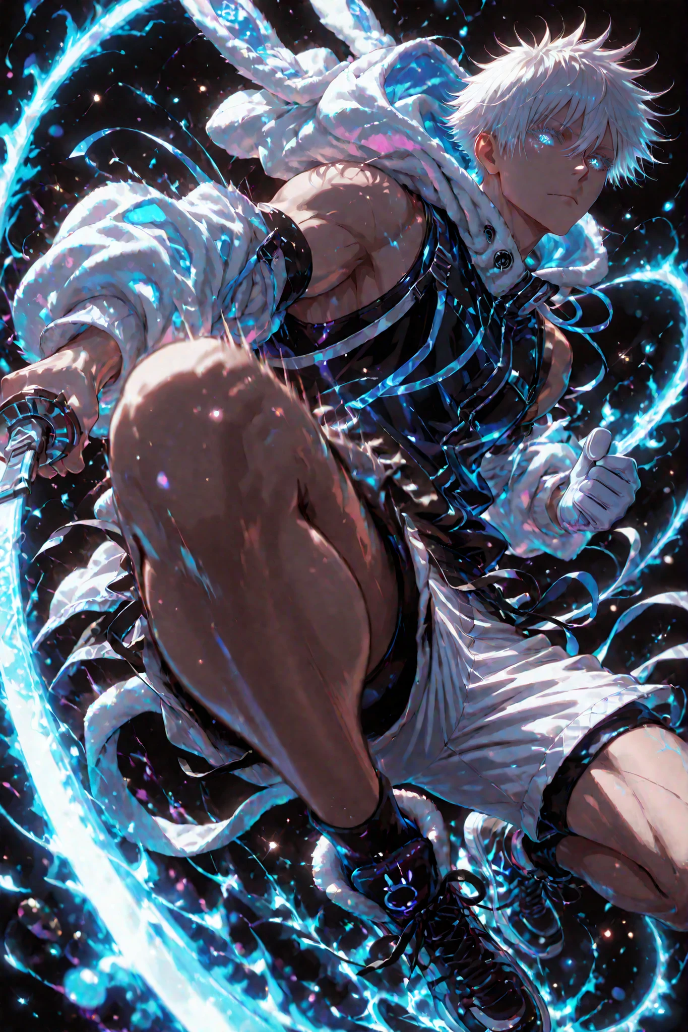 neon art, neon lineart, blue neon lineart, neon silhouette, silhouette, neon colors, glowing, glow effect, bright outlines, vibrant colors, high contrast, dark background, digital art, 1man, adult, male focus, gojou satoru, jujutsu kaisen, white hair, short hair, ((hair between eyes)), colored eyelashes, white eyelashes, blue eyes, intricate eye iris, detailed eyes, muscular male, sexy man, handsome man, handsome face, cool, nonchalant, male cool clothes, cool fashion, intricate clothes, intricate accessories, intricate patterns, cool, stylish, black top, bare shoulders, hood, rabbit hood, hood up, hood with neon trims, white shorts, shorts with neon trims, sneaker, black sneaker, single glove, white glove, solo, glowing eyes, looking at viewer, dynamic shot, dynamic view, dynamic composition, dynamic action pose, ((dynamic pose, foreshortening:1.3)), blue aura, motion lines, action scene, motion blur, bokeh, glittering, sparkling, (((black background)))