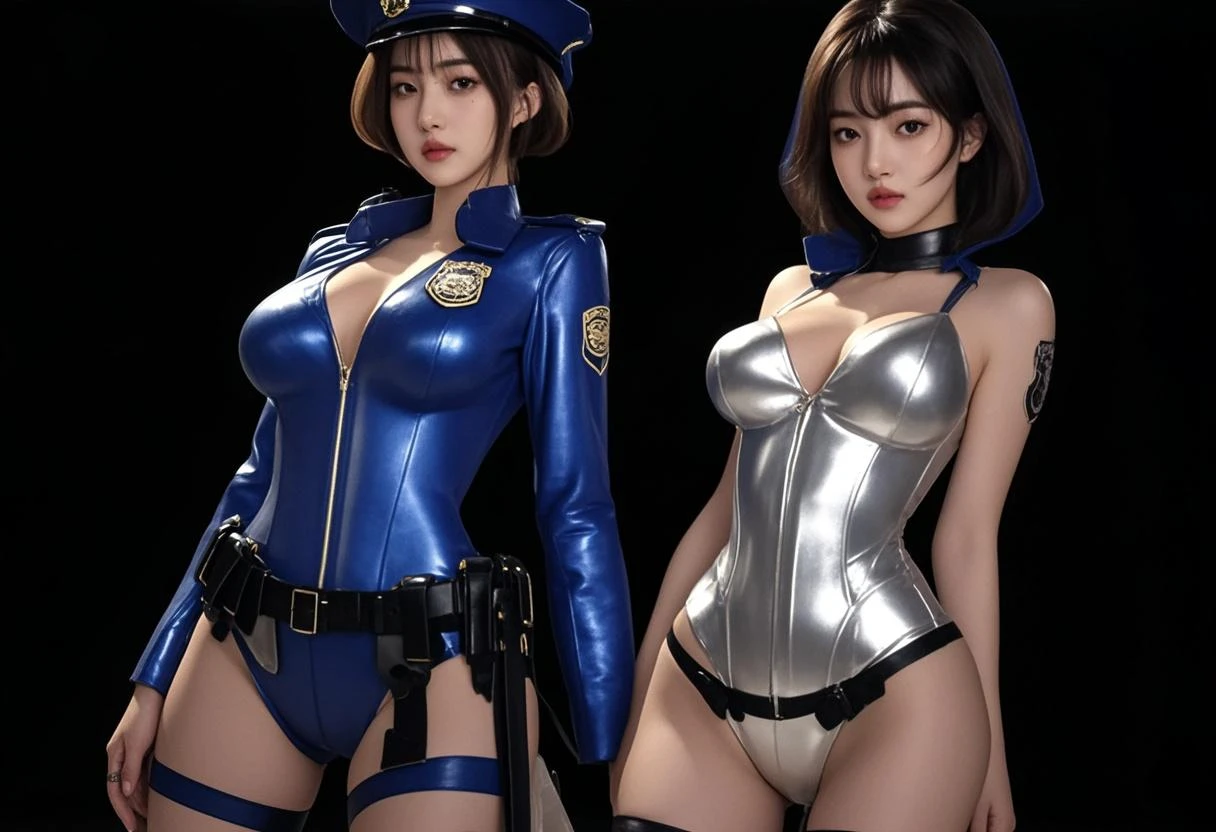 Woman body set largest breasts:1.5, (muscular body:1.1), The cop police of the future, She wears a futuristic SWAT uniform, Highly detailed police cap,Highly detailed police force,Highly detailed police badge,Highly detailed armbands,Highly detailed police strips,Highly detailed epaulettes,wear police cap,Highly detailed electric batons, depth of field, cinematic lighting, reflection light, best quality, HD, 16k, anatomically correct, masterpiece, high quality, highres, UHD