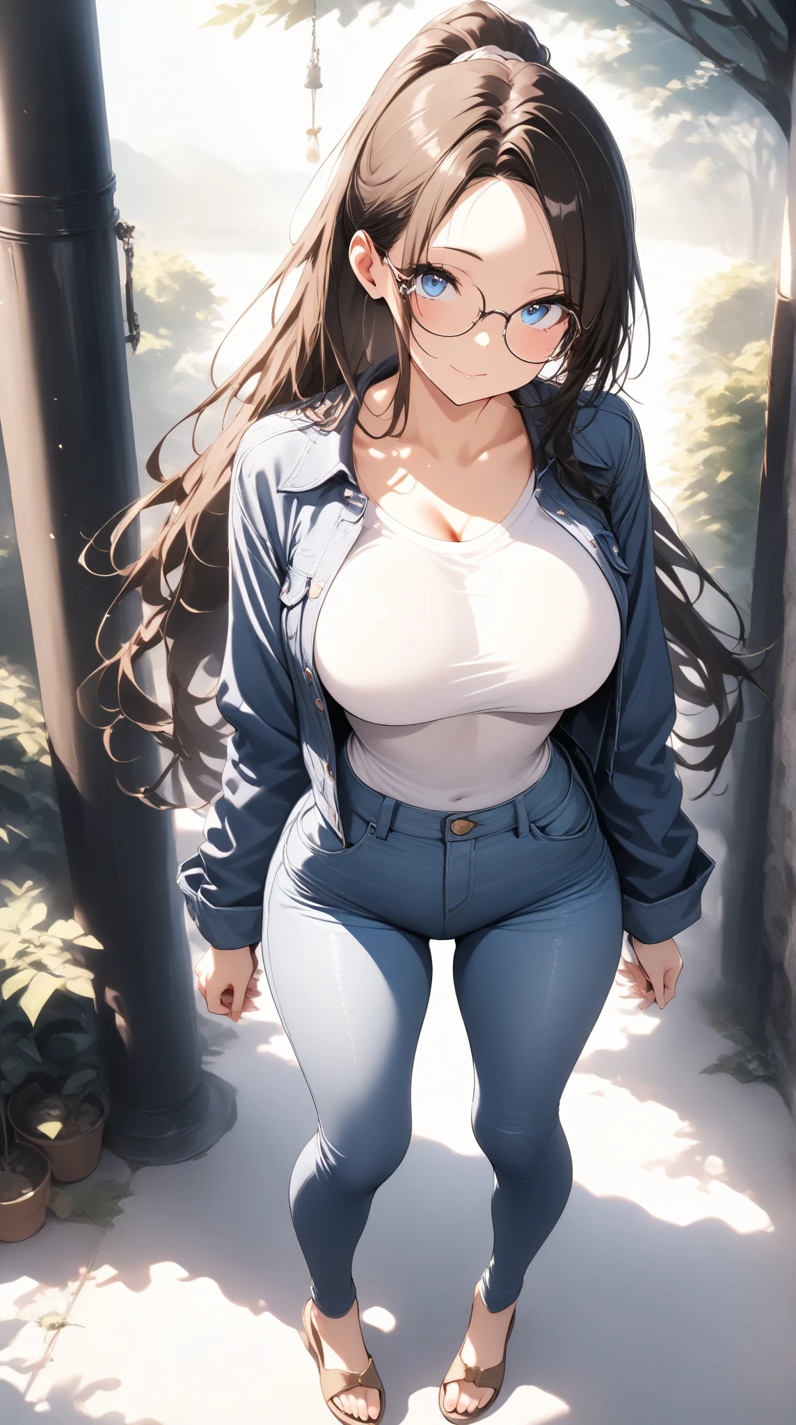 belle jeune femme, 4k, high quality, dynamic light, Dieux, beautiful lighting, dynamic lighting and shadows, light through the foliage, gros seins, gros pull lourd, pull ample, very pull ample that's too big, jeans, Lunettes, wearing Lunettes, ringard, idiot, joufflu, longs cheveux violets, points forts, peau brillante, glowing lights, Reflets lumineux, reflets de lumière chatoyants