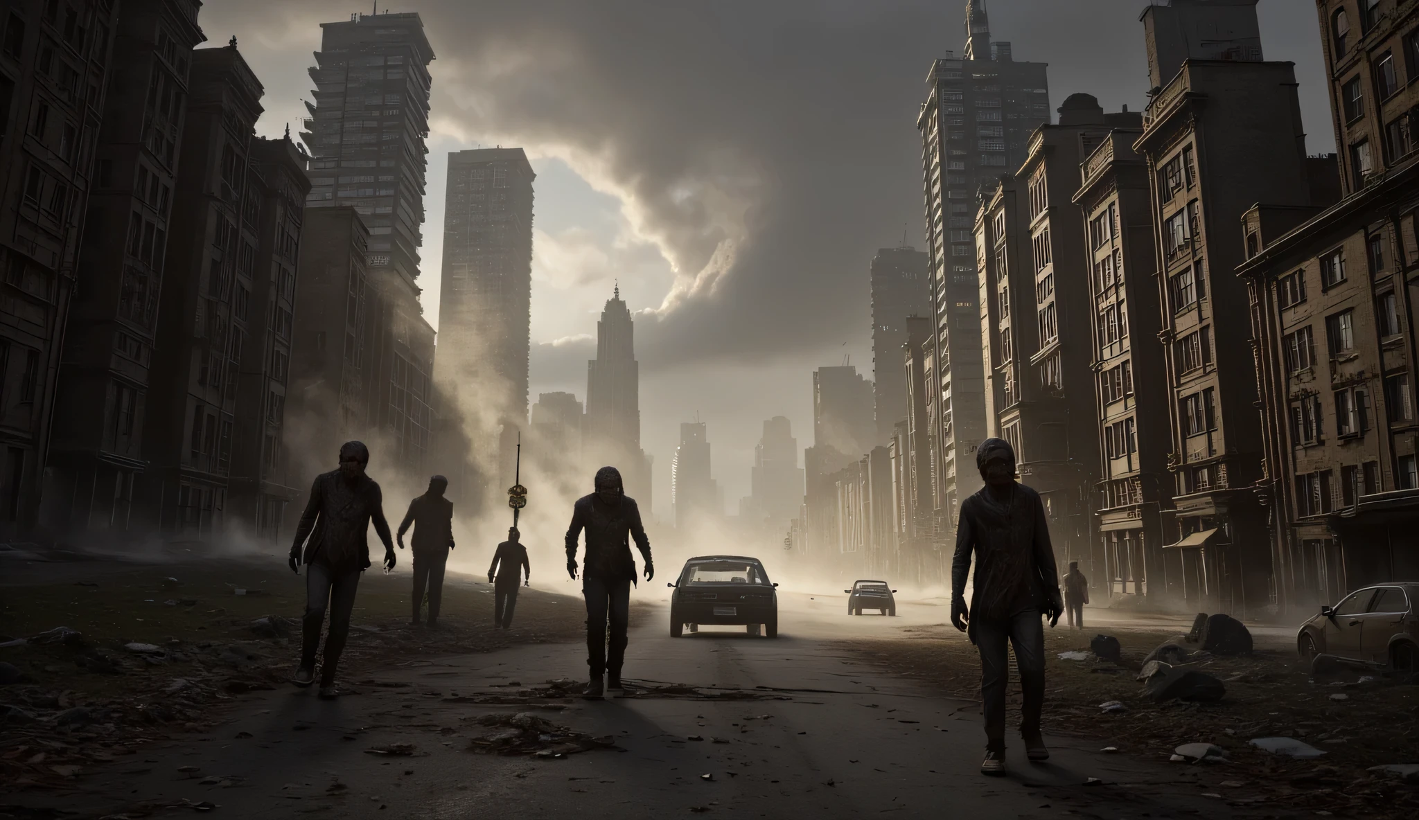 Zombie apocalypse cityscape, post-apocalyptic style, ruined buildings, desolate streets, ominous sky.
