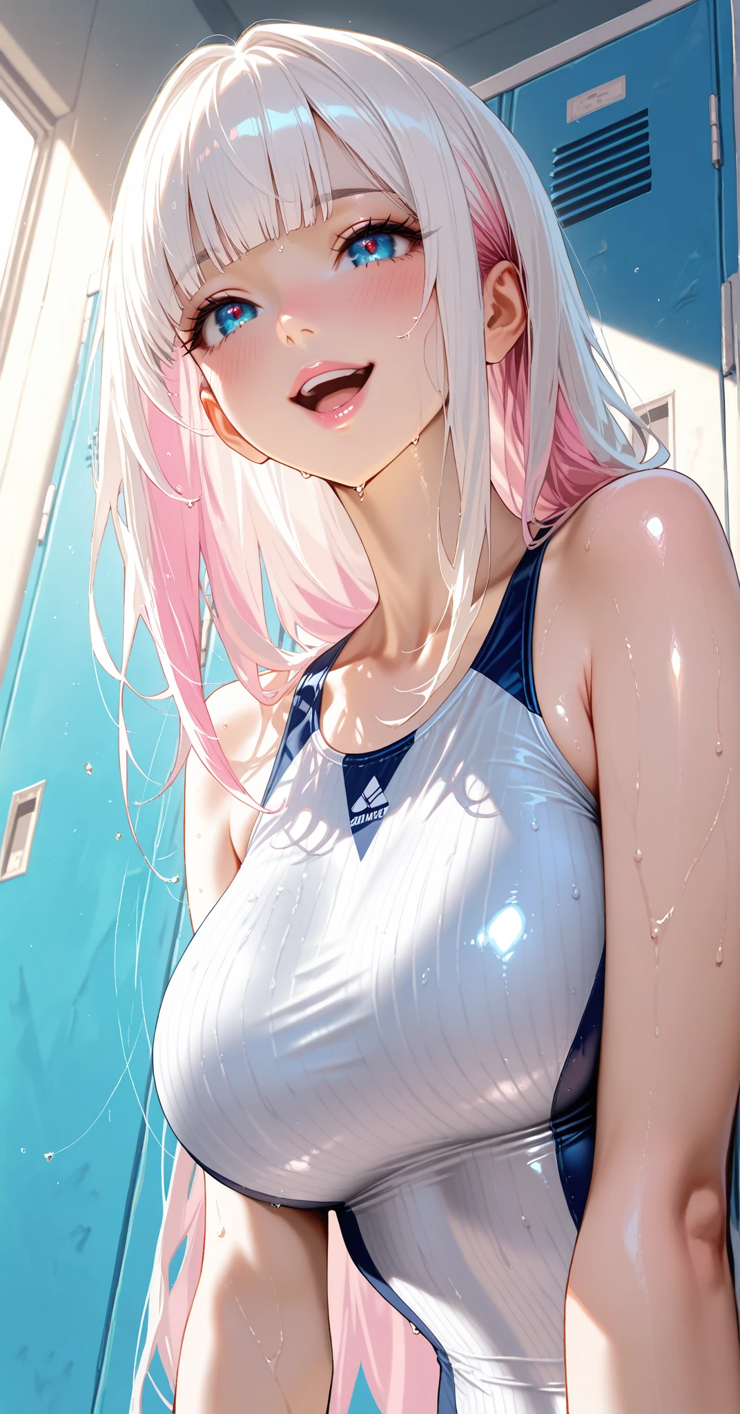 realistic, 1girl, ponytail, parted lips, blush, makeup, light smile, white hair, sportswear, skirt, wet clothes, glow, thighs, purple eye, bare shoulders, collarbone, narrow waist, sunbeam, sunlight, rose, wind, cleavage, (masterpiece), sweat,