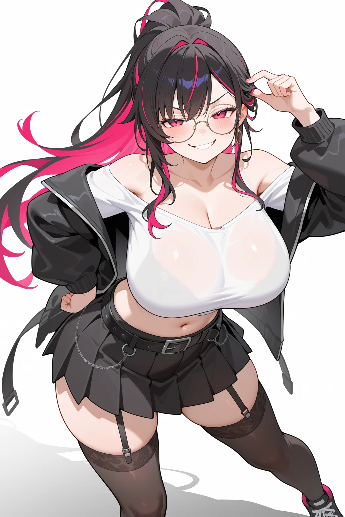 Beautiful Woman, Wavy Black Hair with Pink Highlights, Big Pink Eyes, Round Glasses, Small Nose, Medium Breasts, Black Shirt, Black Pants, Looking Foward, Standing Pose, Neutral Face Expression