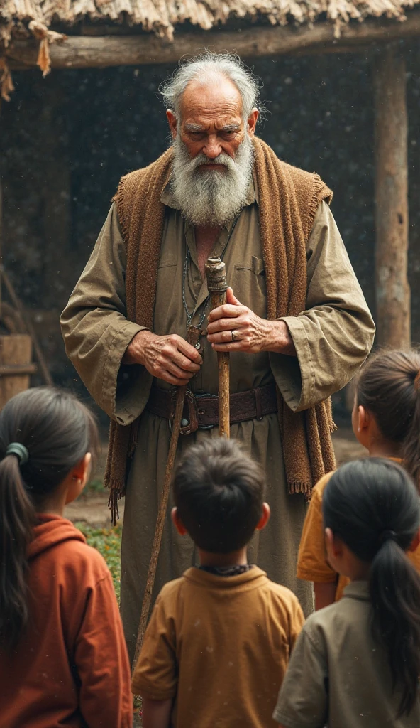 A old man teaching boys