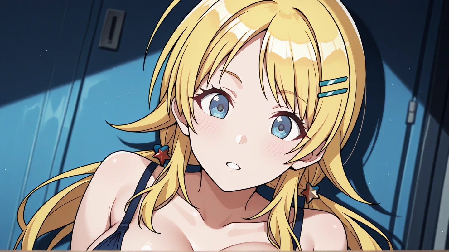 ai hayasaka, bangs, blue eyes, blonde hair, hair ornament, hair between eyes, sidelocks, side ponytail, scrunchie, hair scrunchie, blue scrunchie, (masterpiece:1.2, Best Quality:1.1), 32K HDR, High resolution, Solo, 1girl in, (Colossal tits:1.1, Huge boobs:1.1, Huge breasts:1.1, gigantic cleavage:1.1, Perfect slim body:1.2), squat down, (Detailed face, Detailed eyes, Detailed skin texture, Perfectly shaped hands, 5FINGERS),